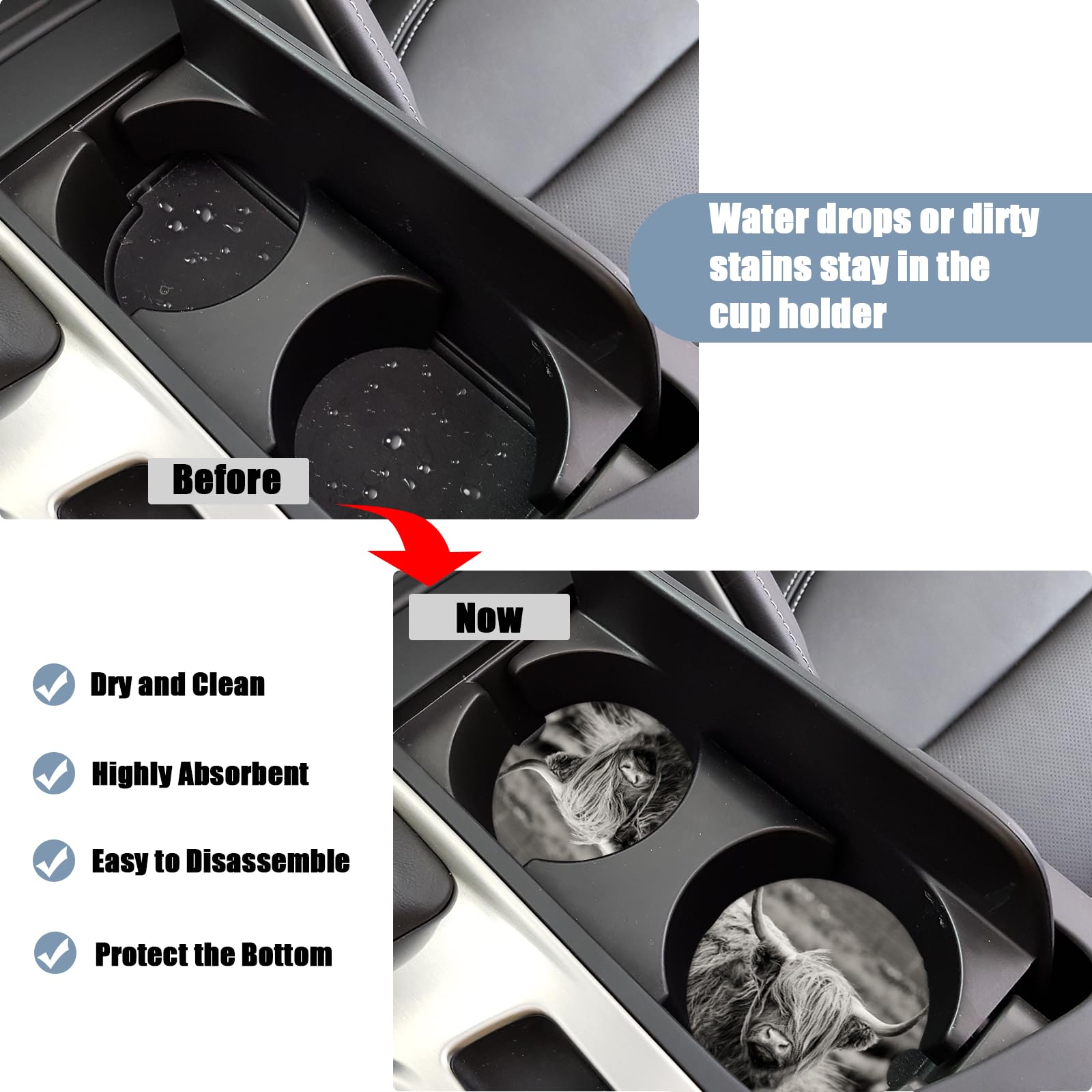 Car Cup Holder Coaster - Highland Cow Absorbent Ceramic Coaster, Car Coasters for Cup Holders, Auto Accessories for Women & Men,