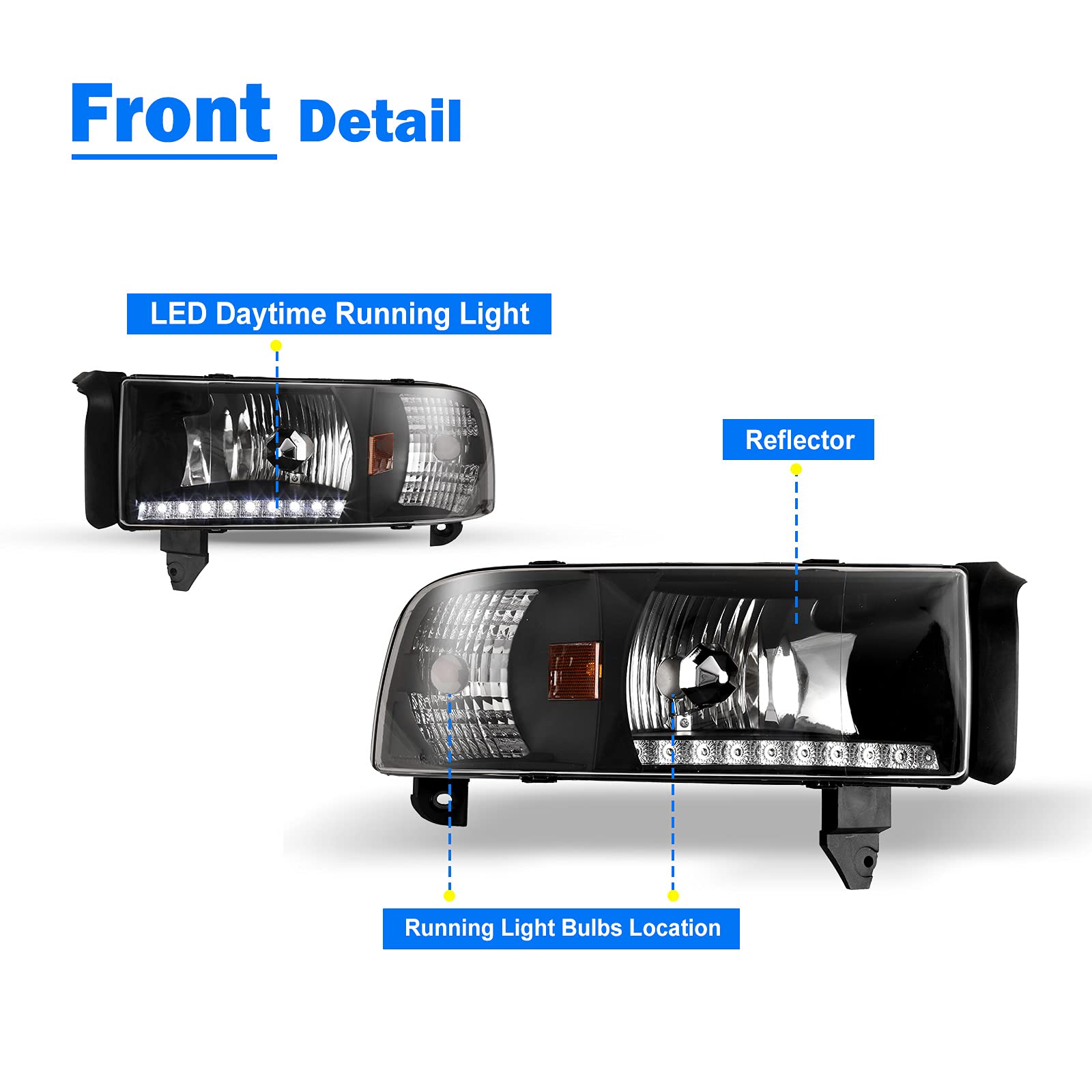 Wolfstorm Headlight For 1994-2001 Dodge Ram 1500/2500/3500 And 2002 Dodge Ram 2500/3500, Headlight Assembly Replacement With Led Light Design