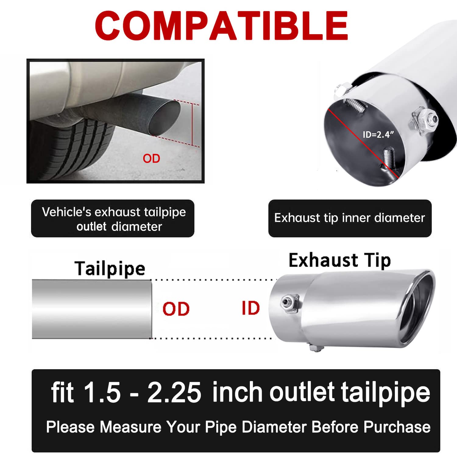 Dsycar Universal Stainless Steel 1.5 - 2.25 Inlet Exhaust Tips, Fit Pipes Diameter 1.5-2.25 inch, Adjustable Car Decoration