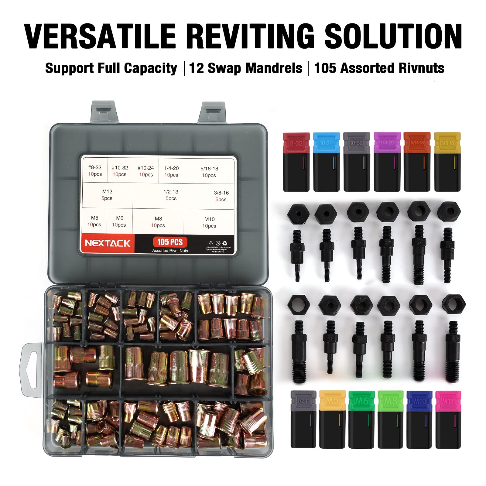 Nextack Heavy Duty Rivet Nut Tool Kit, 16'' Auto Release Nut Rivnut Tool With 12 Sae & Metric Mandrels & 105 Nurserts, Threaded