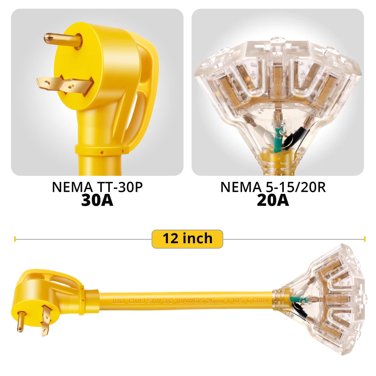 JIUWFOX RV Electrical Adapter 30 Amp to 110V 20 Amp, 12 inch Yellow, NEMA TT-30P Male to 3x5-15R/20R with