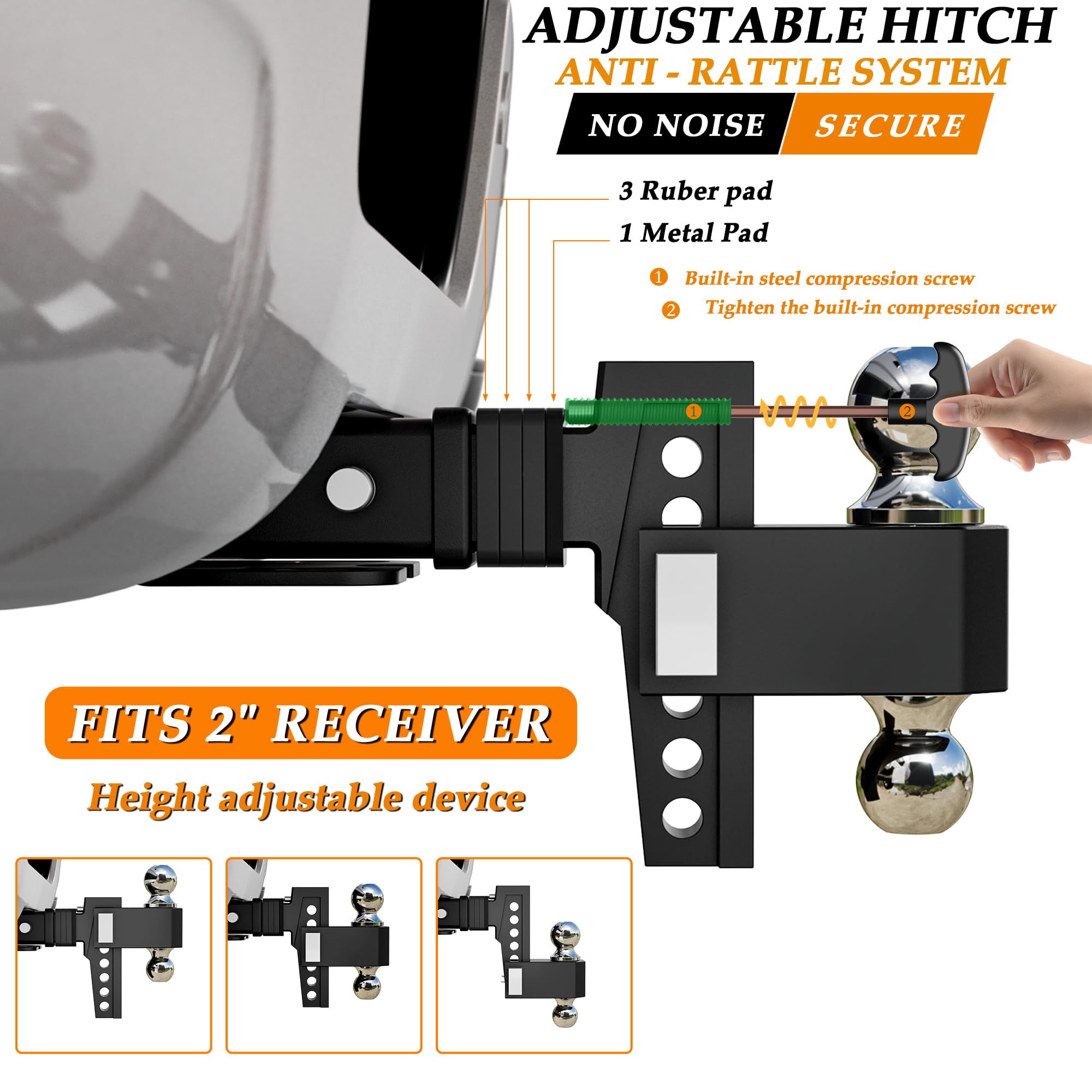 VNN Adjustable Drop Hitch - 6" Drop, 2" Receiver, Heavy Duty Aluminum, Black, 15,000 LBS GTW, Model VN12