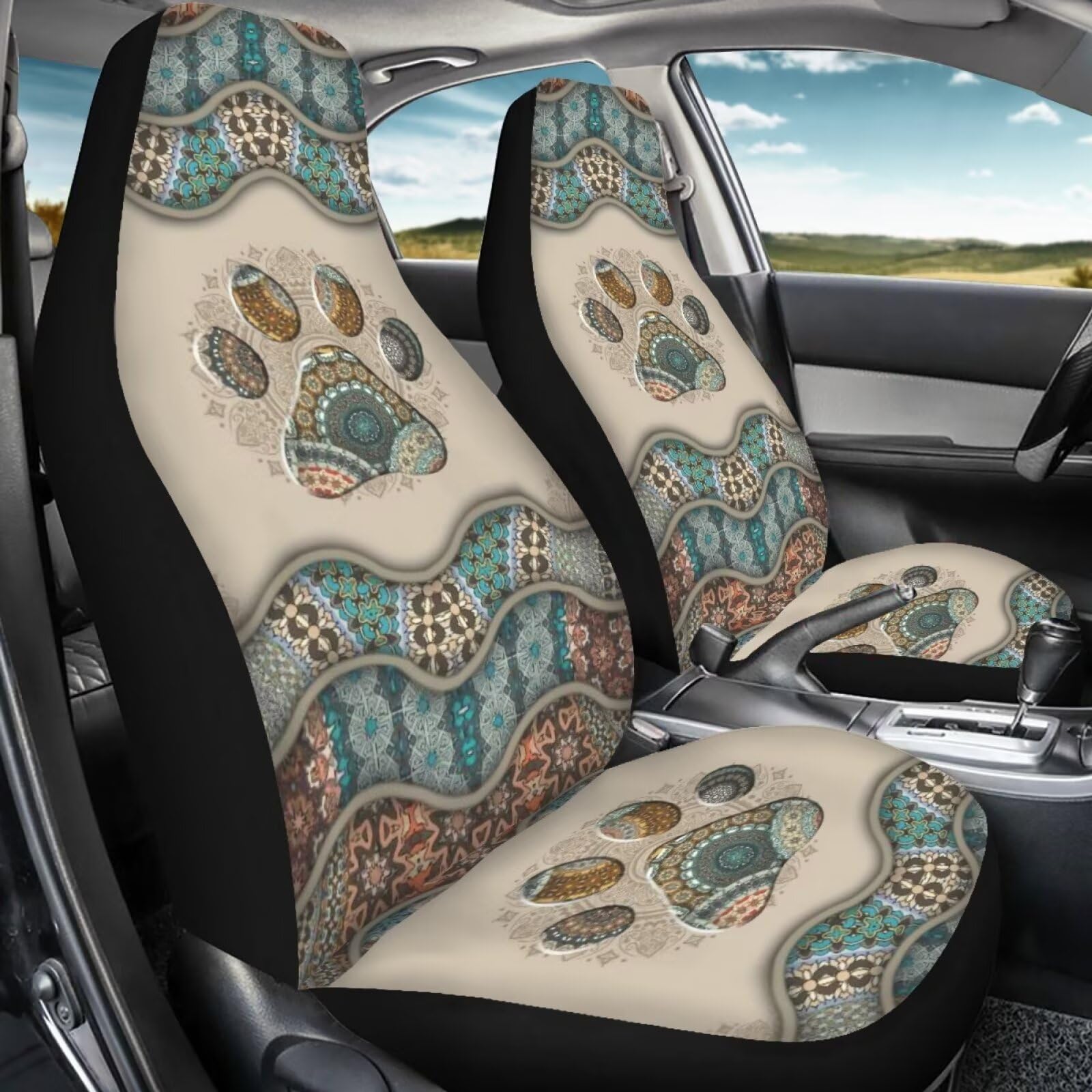 Bigcarjob Boho Car Seat Covers Set For Front Only Boho Dog Paw Print Car Interior Accessories Cute Seat Protector For Cars Saddl