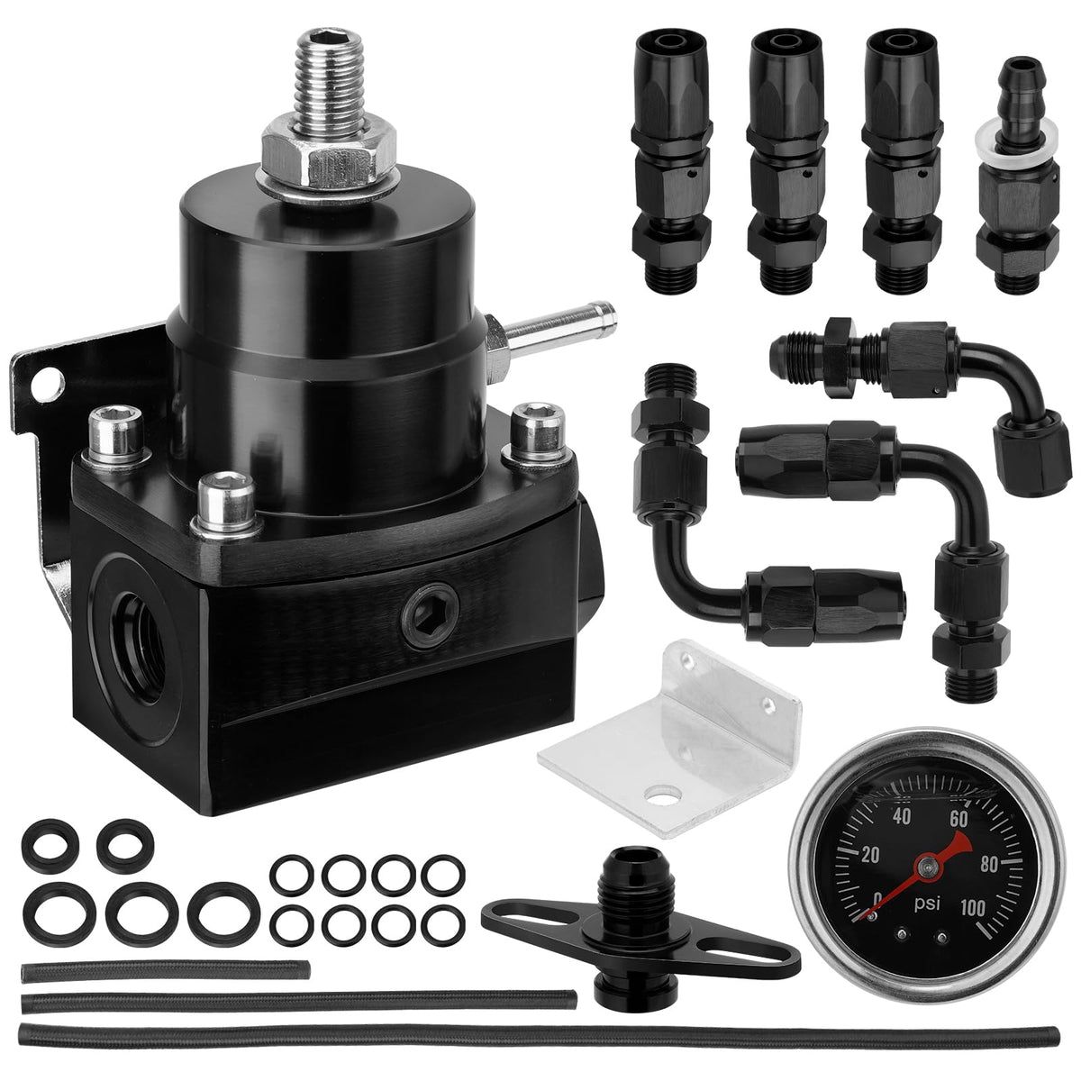 YEHERIT Adjustable EFI Fuel Pressure Regulator Kit with Bypass Return, 0-100 PSI Gauge, 6AN Fittings and PTFE Braided Hose - Com