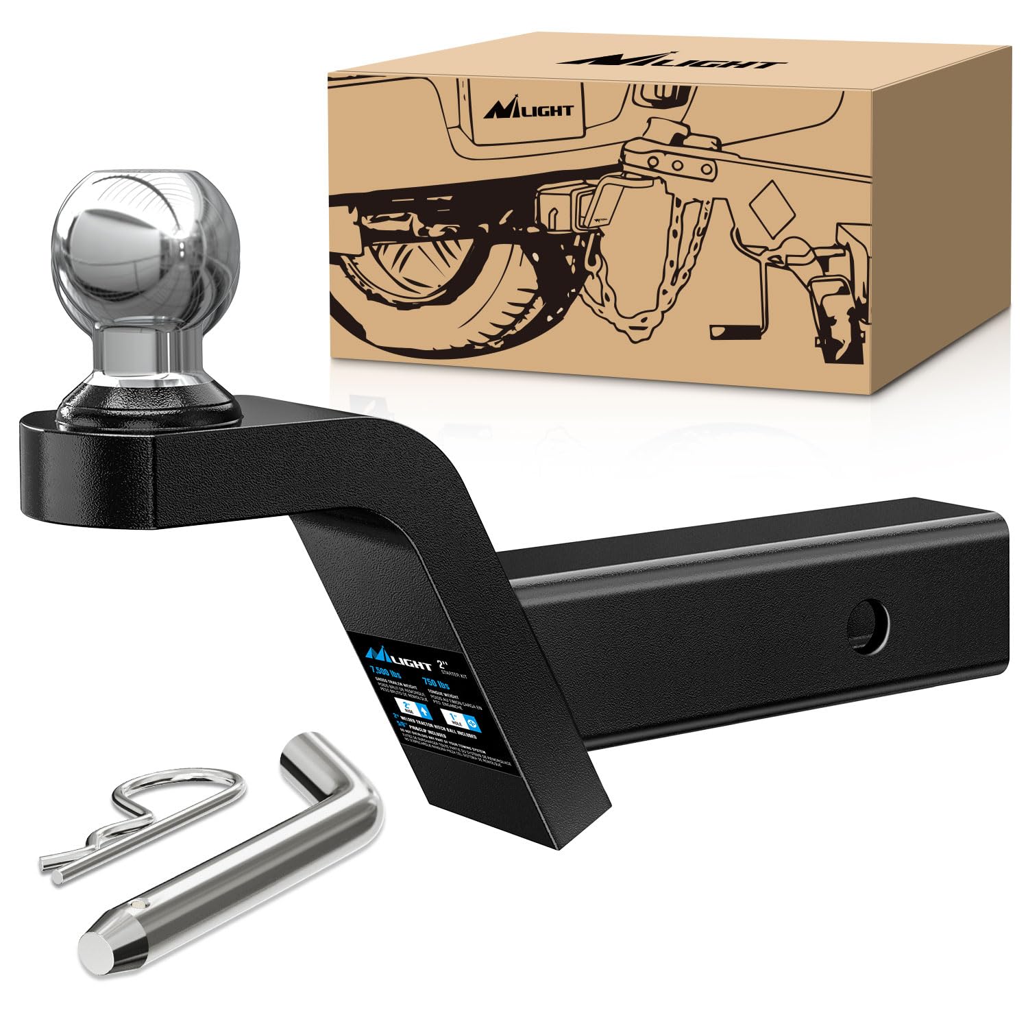 Nilight Fusion Trailer Hitch Mount with 2 Inch Trailer Ball & 5/8 Hitch Pin Clip Fits 2-Inch Receiver 7500 lbs 2 Rise