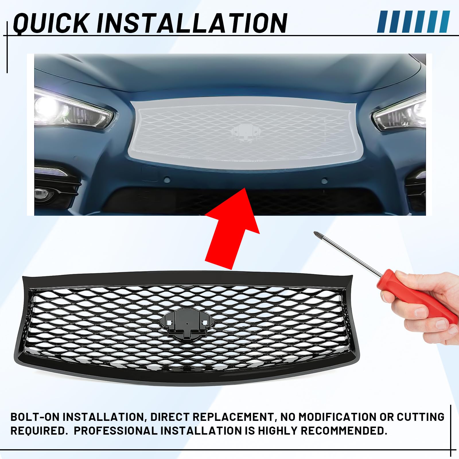 Kuafu Front Bumper Grill Compatible With 2014-2017 Infiniti Q50 All Models Center Grille Hood Mesh Conversion Kit Abs Plastic Black