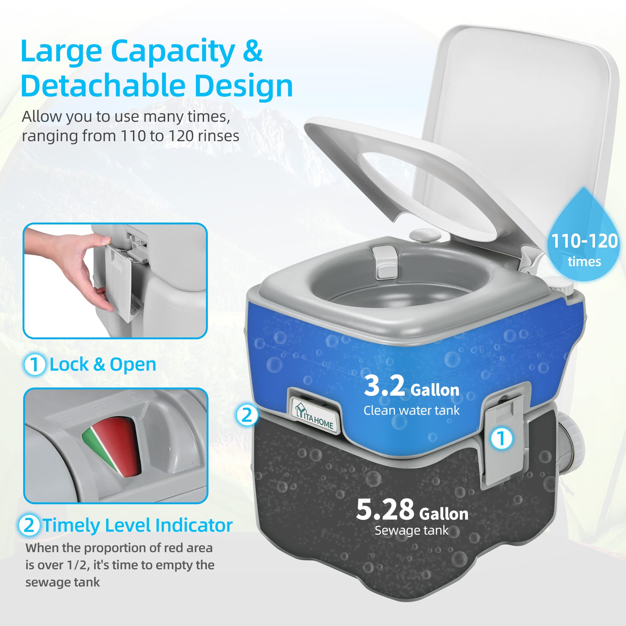 Yitahome Portable Toilet Camping Porta Potty With Carry Bag And Hand Sprayer, 5.28 Gallon Leak-Proof Indoor Outdoor Toilet With