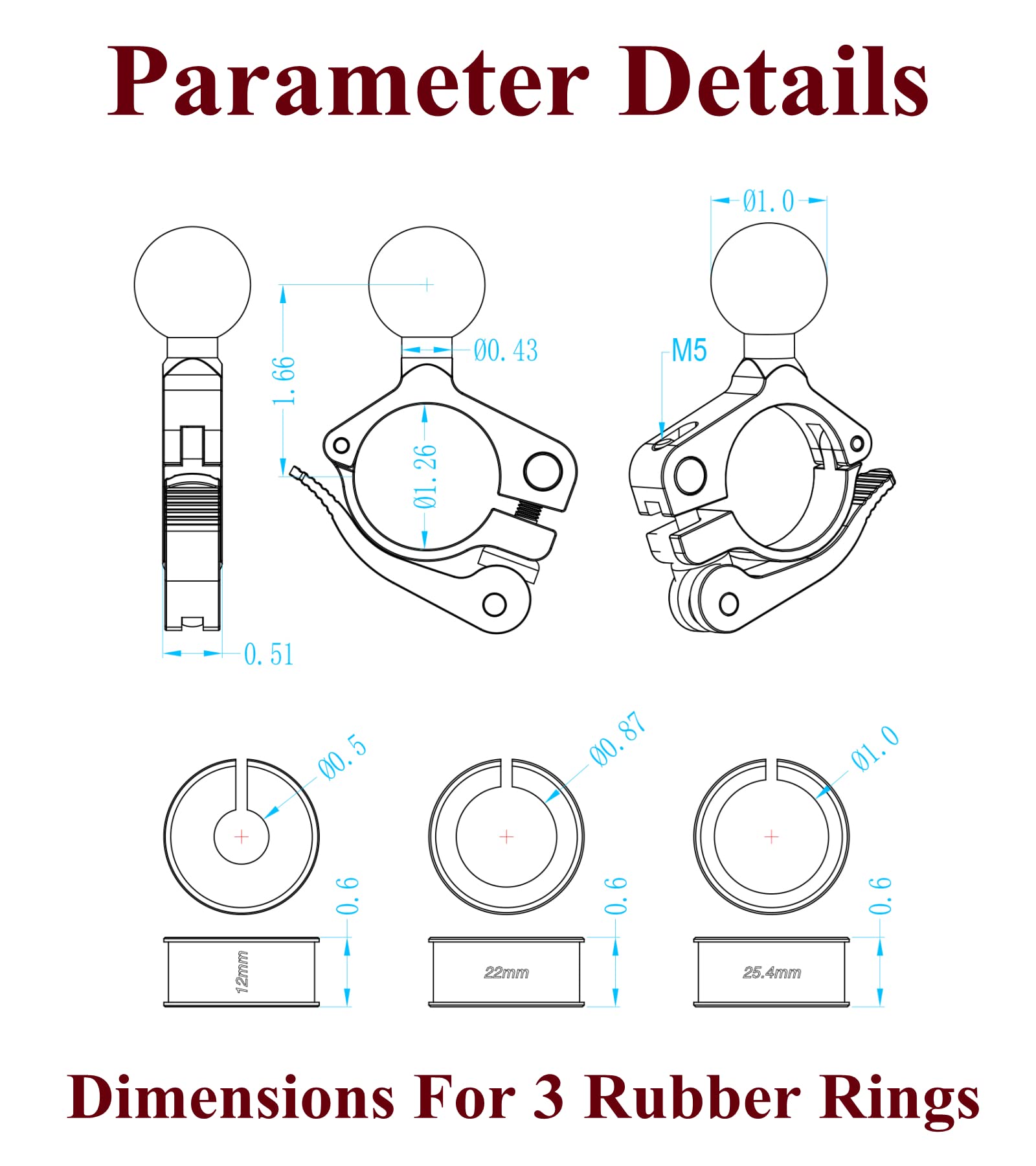 Brcovan Handlebar Clamp Mount With 1'' Tpu Ball Compatible With Ram Mounts Double Socket Arm Fit Rail 0.5'' 0.87'' 1'' 1.26'' Tool-Free Installation, Aluminum Material, Cnc Processing (Black)
