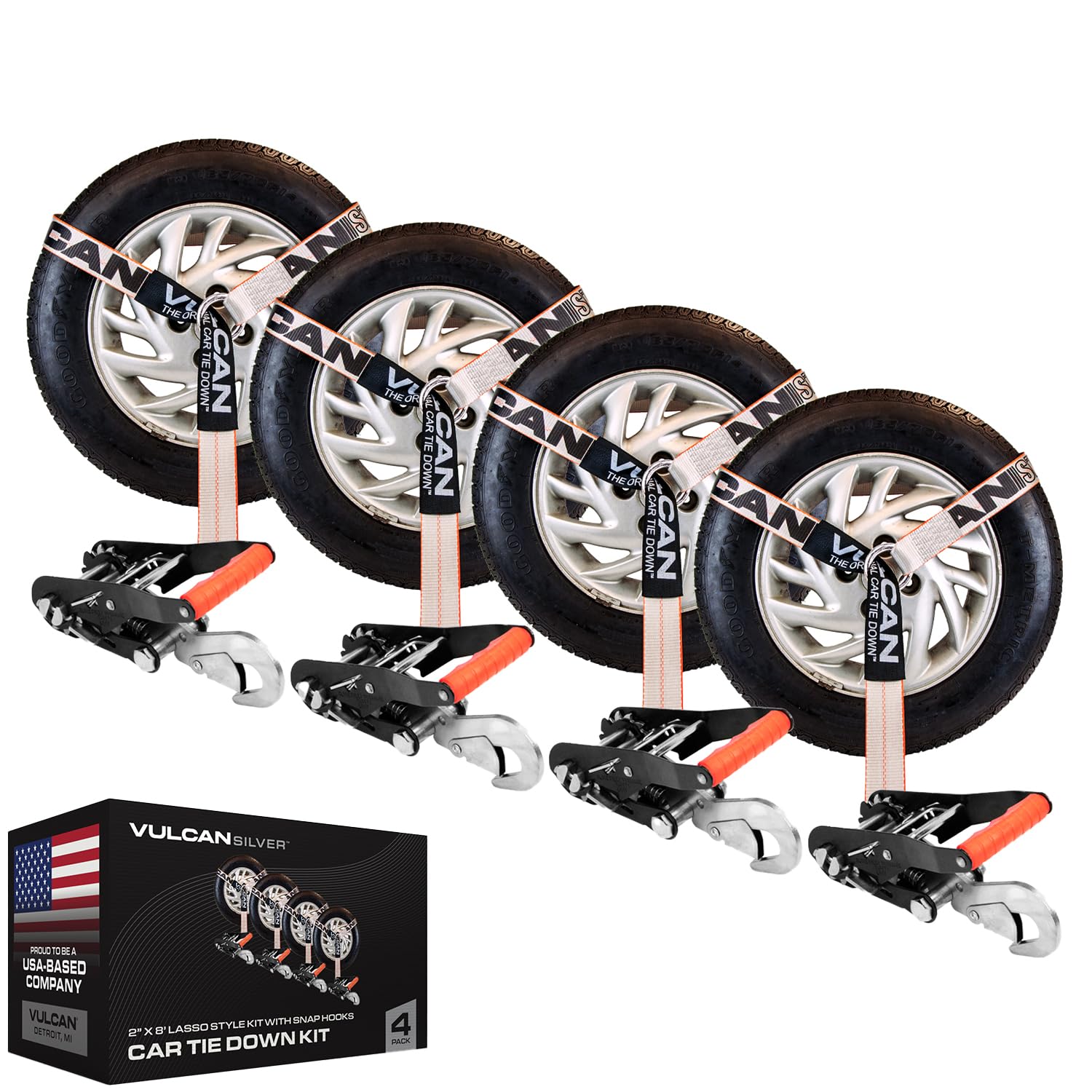 Vulcan Car Tie Down With Snap Hooks - Lasso Style - 2 Inch X 96 Inch, 4 Pack - Silver Series - 3,300 Pound Safe Working Load