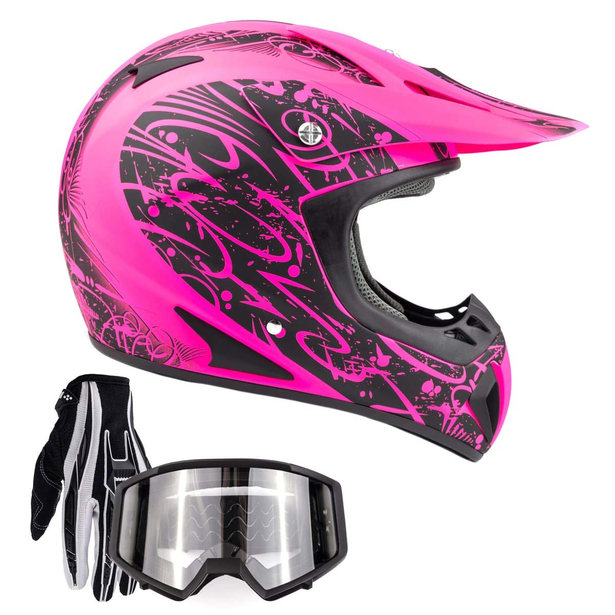 Typhoon Adult Women'S Dirt Bike Atv Helmet Motocross Goggles And Gloves Combo - Matte Pink With Black ( Large )