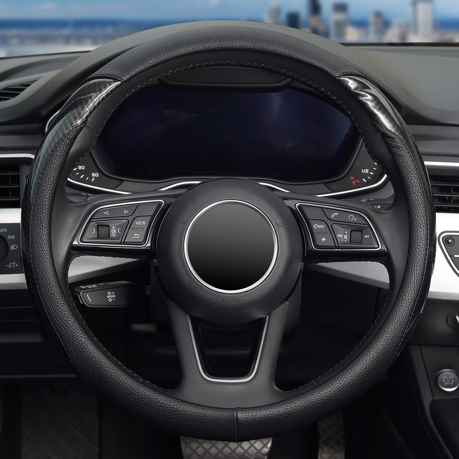 Zhol Car Steering Wheel Cover Universal 14 1/2-15 Leather Carbon Fiber Anti-Slip Car Accessories, Black