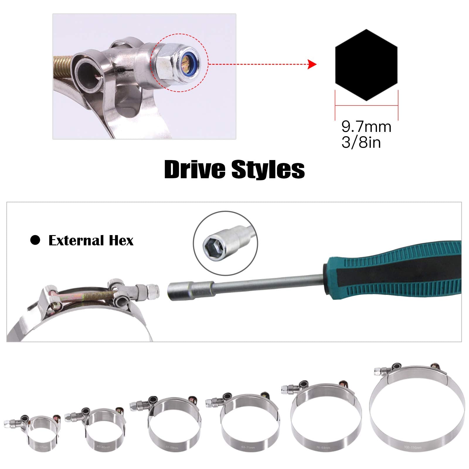 Glarks 12Pcs 6 Sizes 32-116Mm Stainless Steel T-Bolt Hose Clamps Turbo Intake Soft Hose Intercooler Clamps Assortment Set