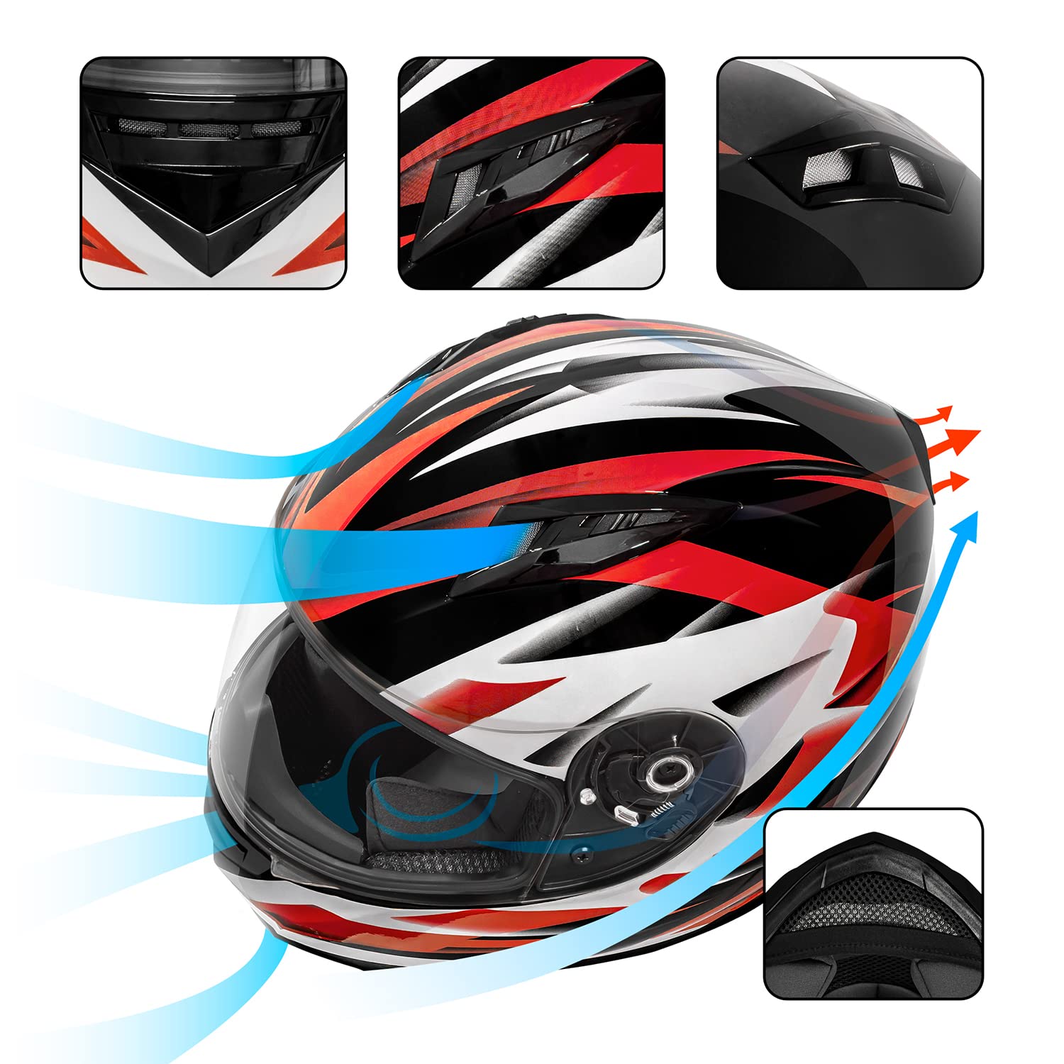 Vcan Vx Lightweight Full Face Motorcycle Street Bike Helmet With Extra Tinted Visor Dot Approved (Gloss Black Stream Red, Medium
