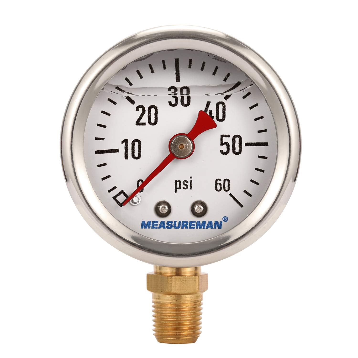 Measureman 1-1/2'' Dial Size, Glycerin Filled Fuel Pressure Gauge, 304 Stainless Steel Case, 0-60Psi, +/-3-2-3%, 1/8'' Npt Lower