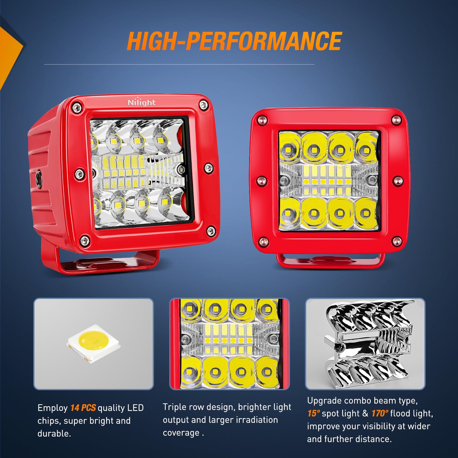 Nilight Led Light Pods 2Pcs 42W 3 Inch Triple Row Spot Flood Combo Cubes With Wiring Harness Kit For Driving Backup Reverse Ligh