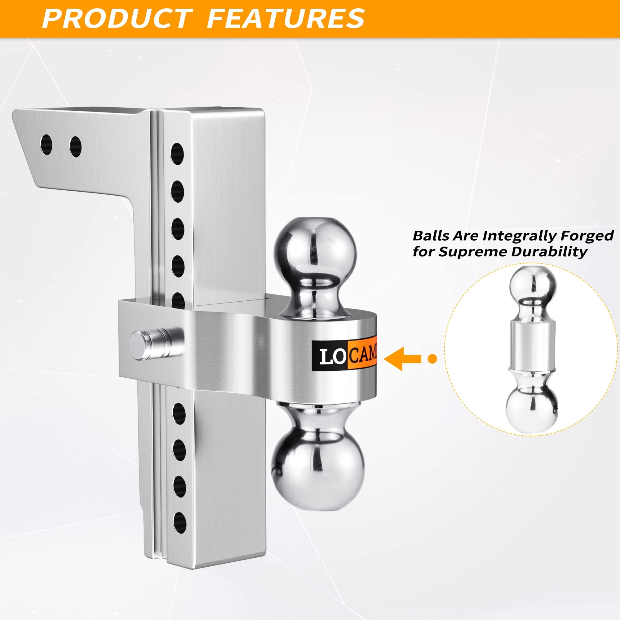 LOCAME Adjustable Trailer Hitch, 10-Inch Drop/Rise, Aluminum, 18,500 LBS GTW, Silver, Model LC0009 for Heavy Duty Trucks