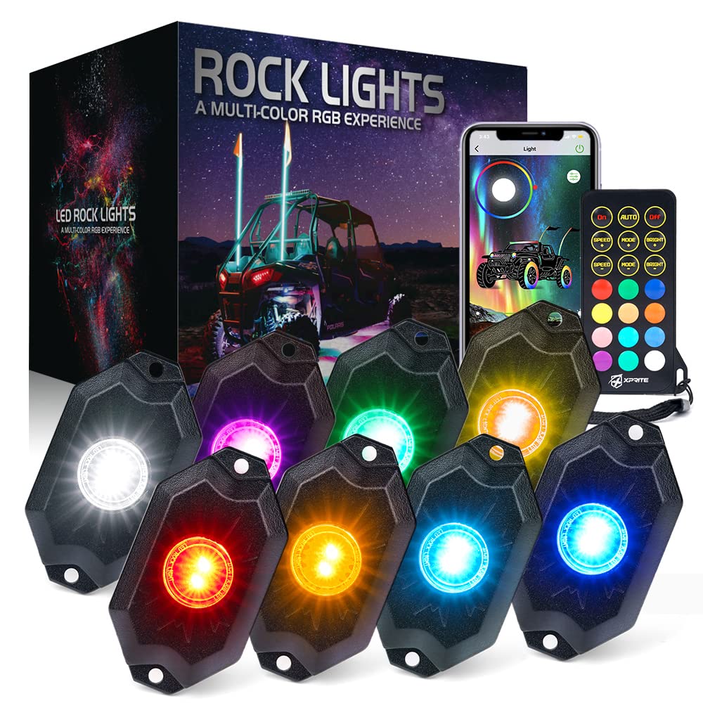 Xprite Rgbw Led Rock Lights Kit W/Bluetooth & Wireless Remote Controller, Multicolor Cars Underglow, Whee Well, Footwell Neon Li