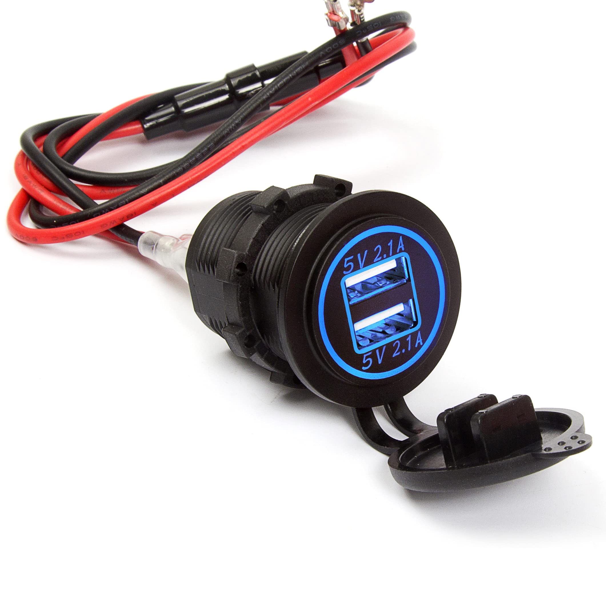 Ginsco Dual USB Charger Socket Power Outlet 2.1A & 2.1A(4.2A) for Car Boat Marine RV Mobile with Wire Fuse DIY Kit Blue LED