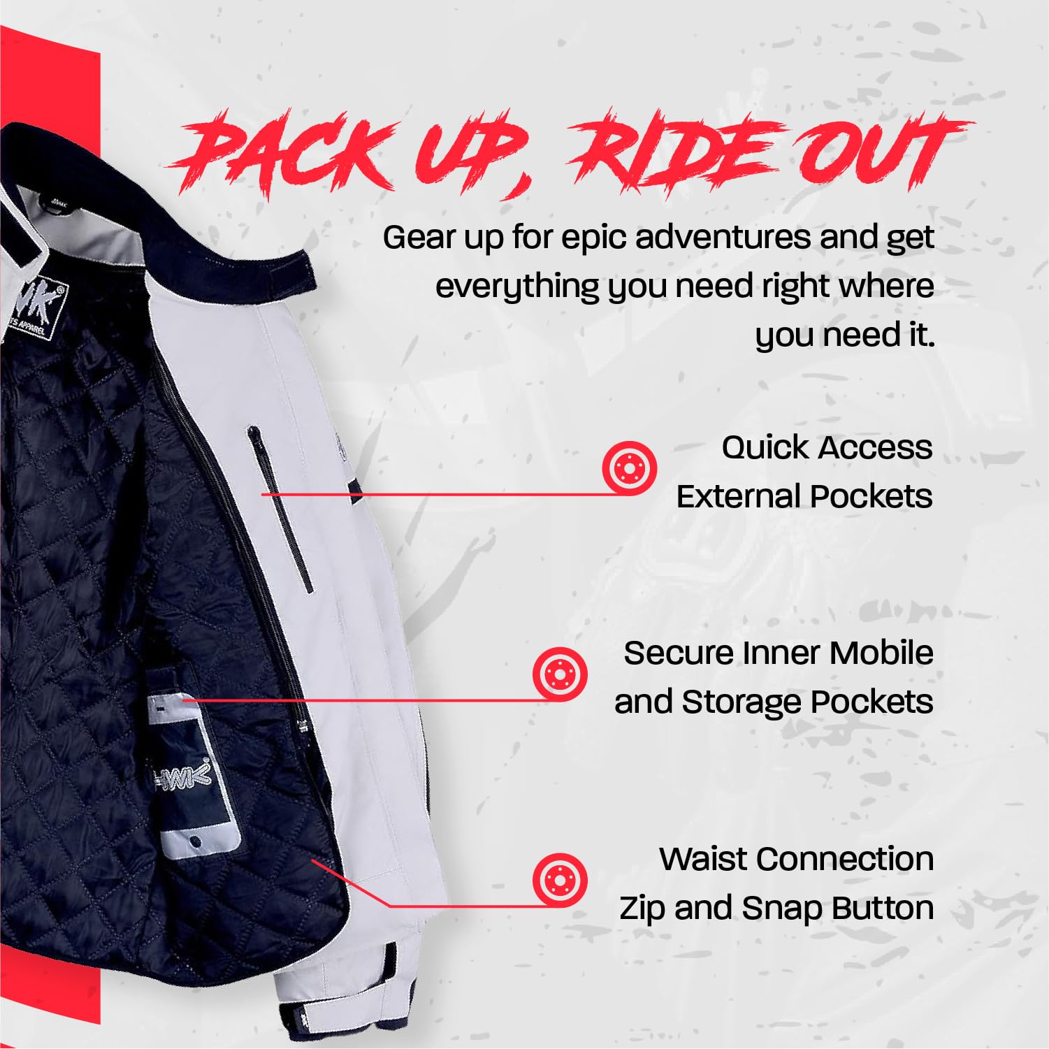 HWK Motorcycle Jacket Men's Hi-Vis Racing Textile, CE Armored, Water Resistant, Large, Silver, Model R-1