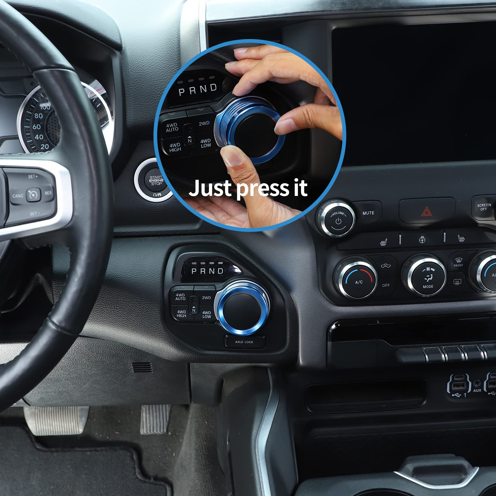 Sqqp Aluminum Center Console 4Wd Switch Knob Button Cover Trim For 2018 2019 2020 2021 Dodge Ram(Blue)