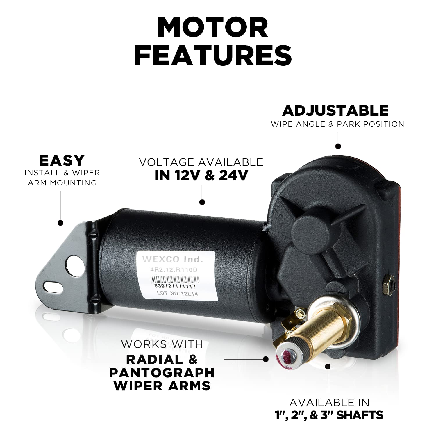 Autotex Windshield-Wiper Motor - 4R2.12.R110D Standard Replacement Motor Crosses With Wexco, Wwf12C18 Series, Ongaro 30991, Grainger 2Ypz6 - 12V, 2.5' Shaft