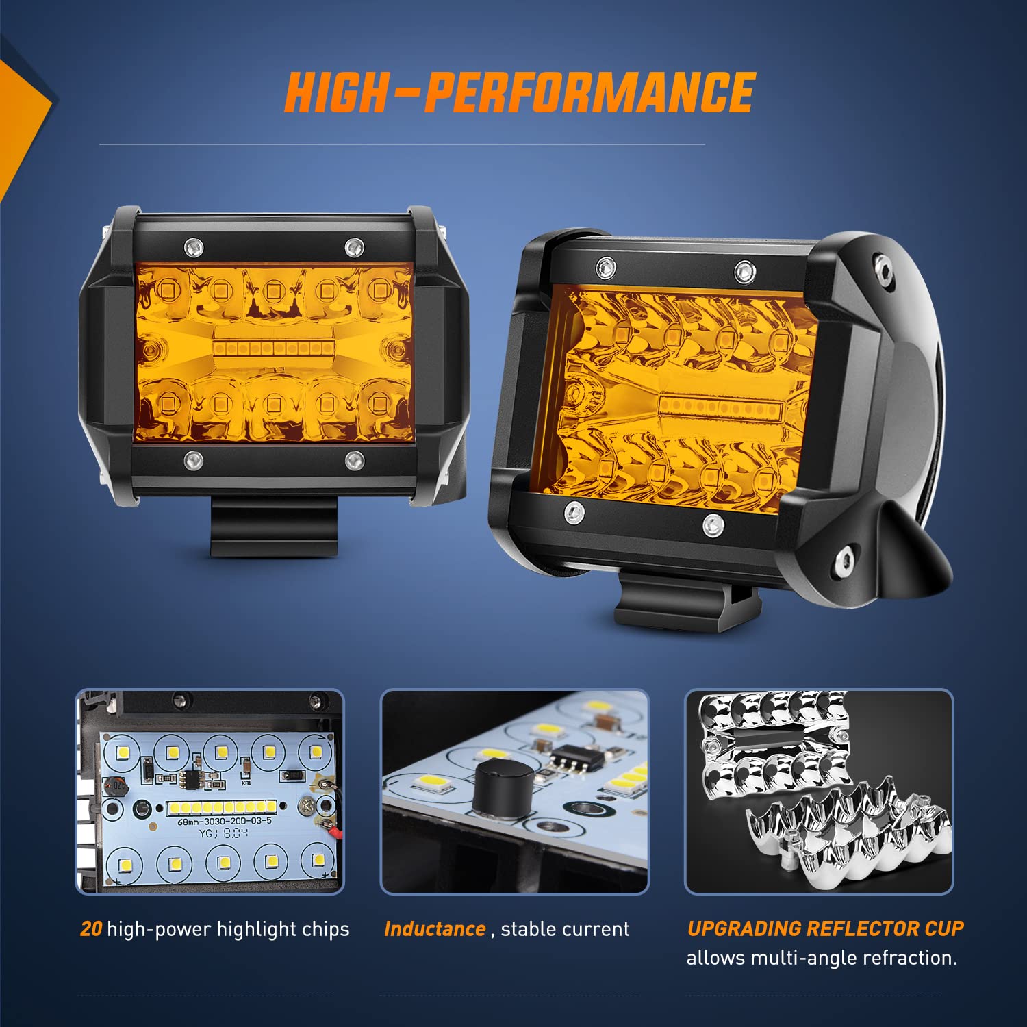 Nilight 2Pc 4Inch Amber Led Pods Triple Row 60W Flood Spot Combo Driving Fog Lights With 16Awg Wiring Harness-2 Leads For Offroa