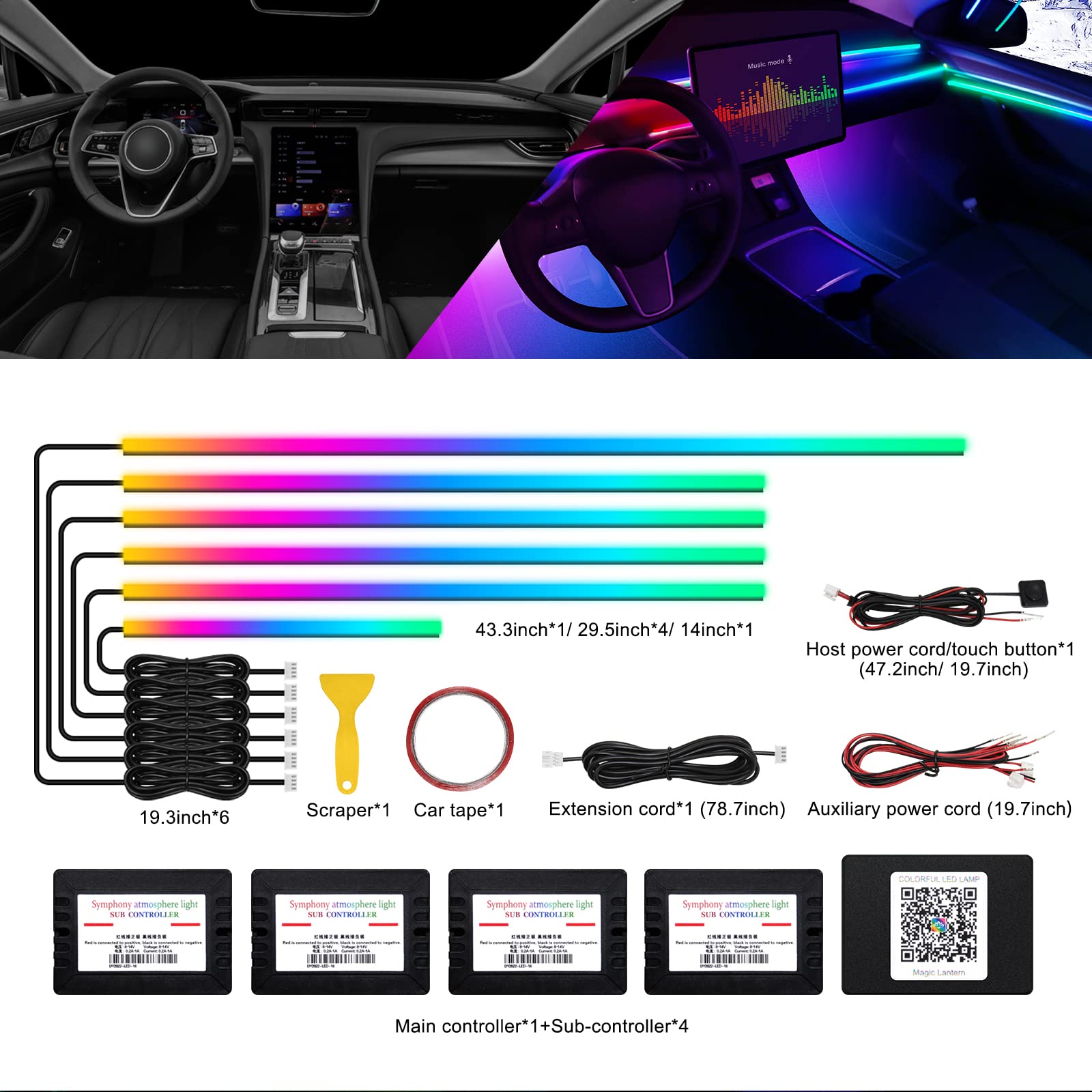 Acrylic Interior Car Led Strip Light With Wireless App, Rgb Dreamcolor 6 In 1 With 175 Inches 593 Leds Fiber Optic Ambient Light