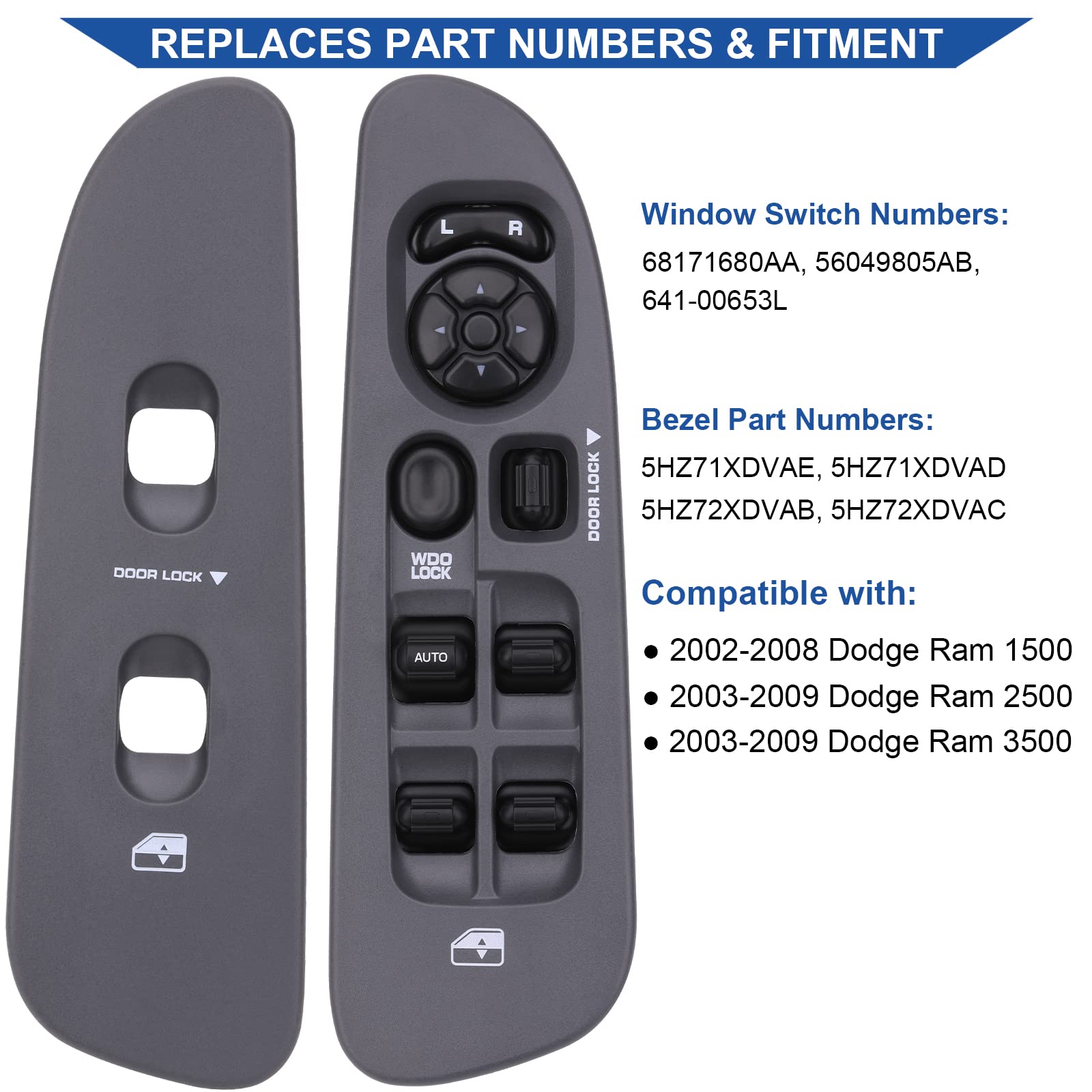 Obaee Power Window Control Switch Button&Bezel(Driver Side)& Window Bezel(Passenger Side) Compatible With 2002-2009 Dodge Ram 1500/2500/3500, Dark Gray
