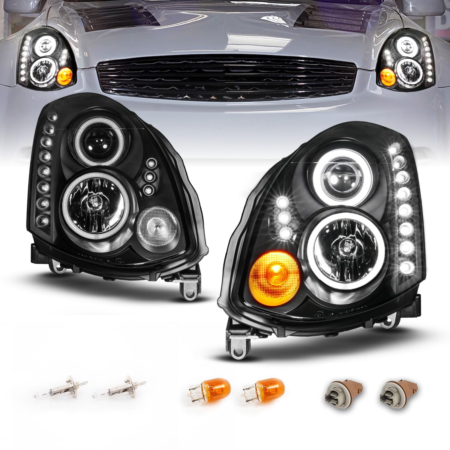 Amerilite Hid Type Dual Xtreme Halogen, Led, Halos Projector Replacement Headlights Pair For 2003-2007 Infiniti G35 Coupe - Passenger And Driver Side, Vehicle Light Assembly, Black