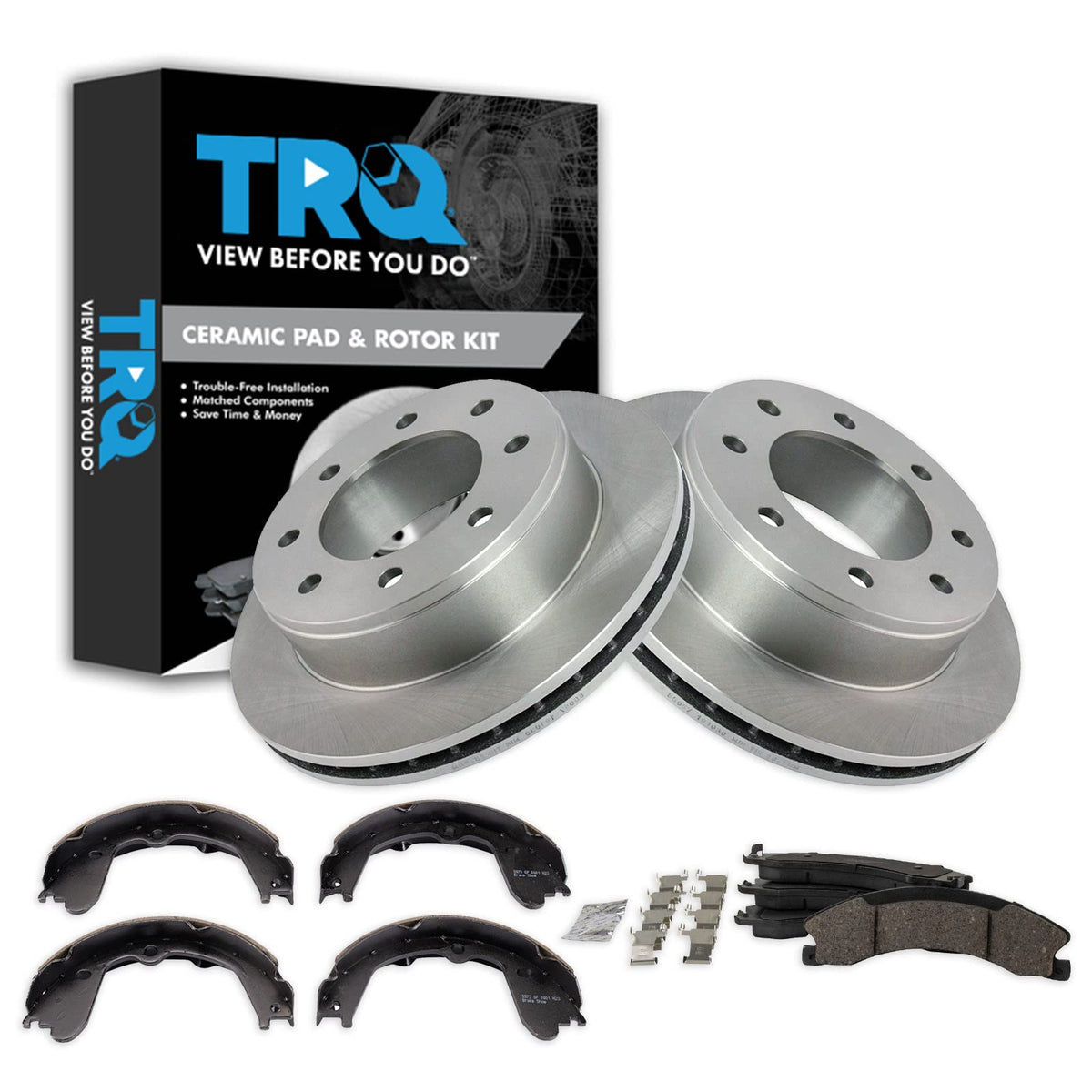 Trq Rear Brake Pad & Rotor Kit Brake Pads Brake Rotor Parking Brake Shoe Set Ceramic Compatible With 2009-2019 Chevrolet Express