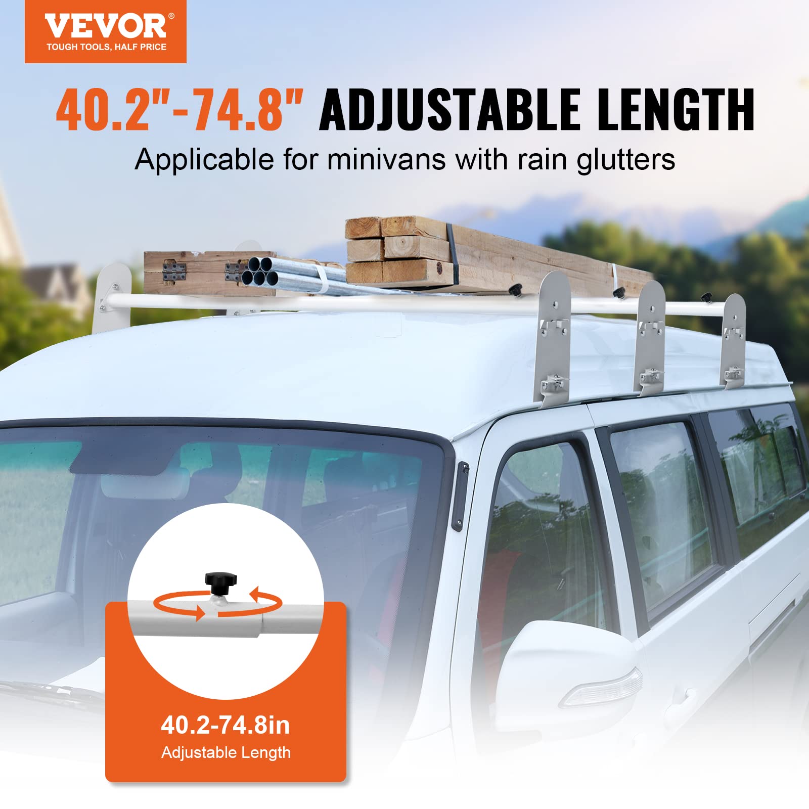 Vevor Ladder Racks For Van, 40.2 Inch-74.8 Inch Adjustable Van Racks, 750 Lbs Capacity Alloy Steel Roof Ladder Racks, Rain Gutter Racks Compatible With Minivans, Full-Size Vans, 3 Pcs White