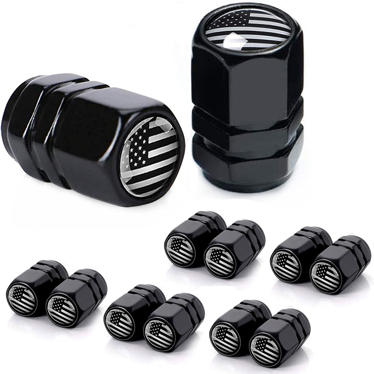 Dsycar 12 Pack American Flag Valve Stem Caps Black - Aluminum Tire Air Caps, Hexagon Design, With Rubber Ring, Universal Fits Ca