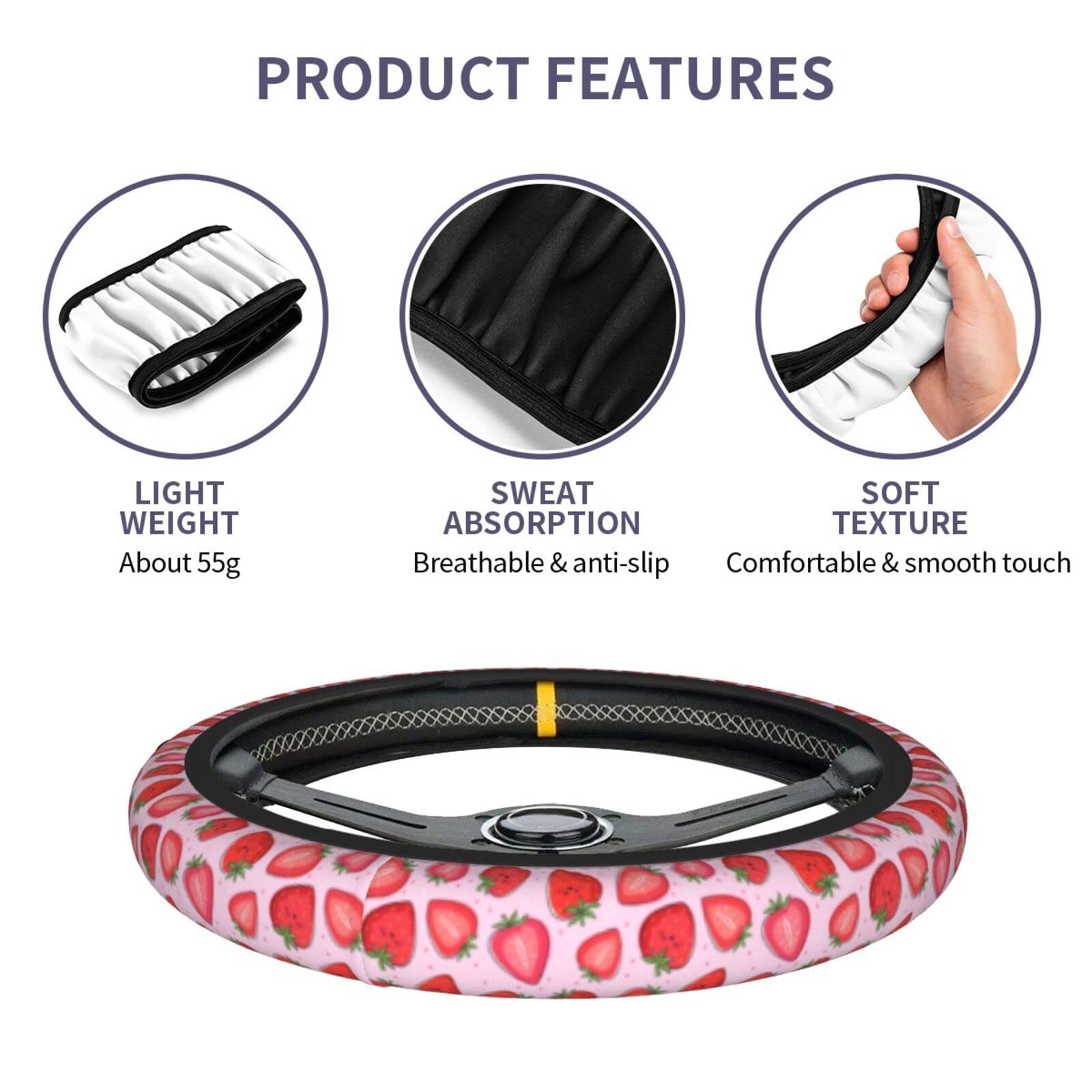 Cute Pink Strawberry Steering Wheel Cover for Women Men with 2 Pcs Car Coasters, Universal 14.5-15 Inch Rainbow Steering Wheel C