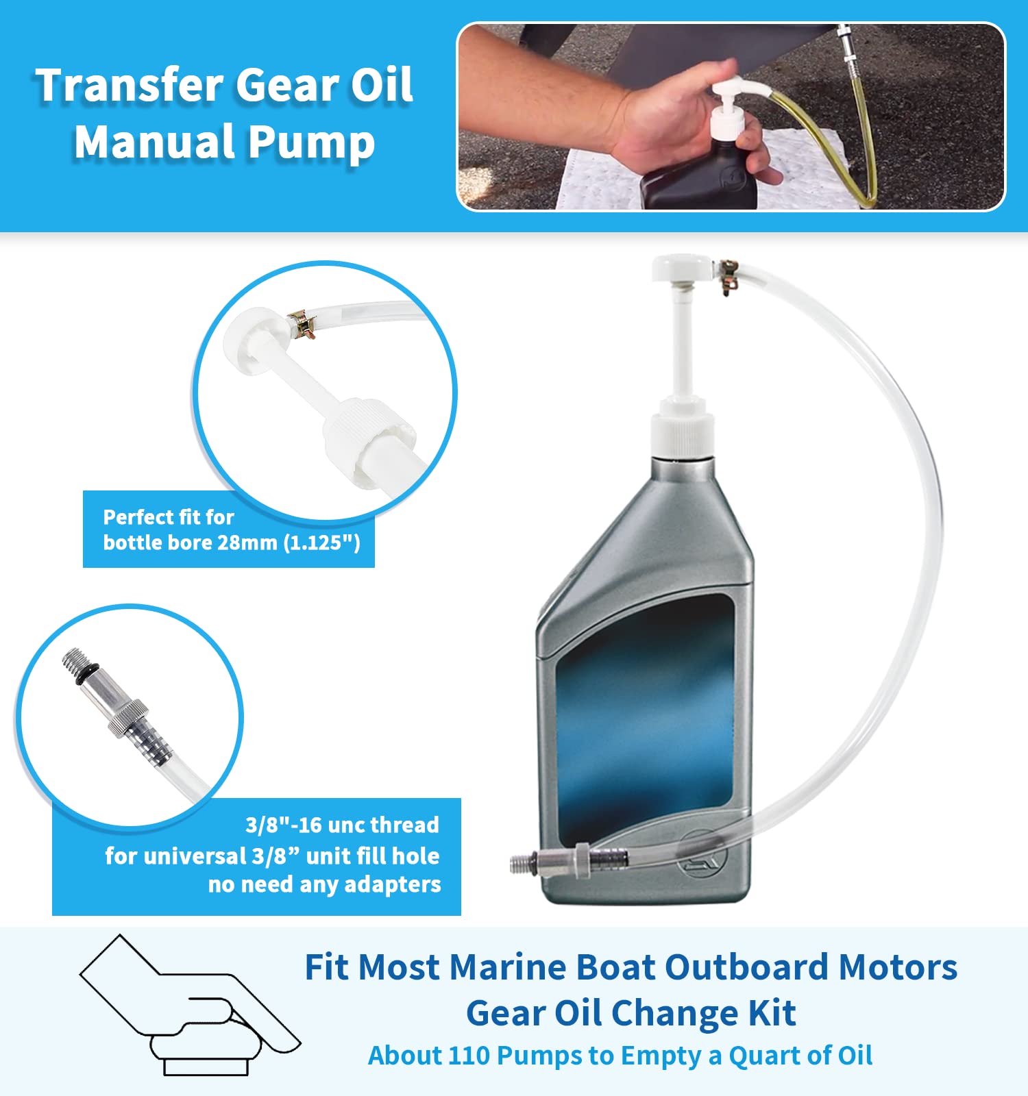 Manual Lower Unit Gear Oil Pump Kit With 8 Mm/10 Mm Generic Metal Adapter, Standard Quart Bottle Gear Lube Fluid Transfer Pump,