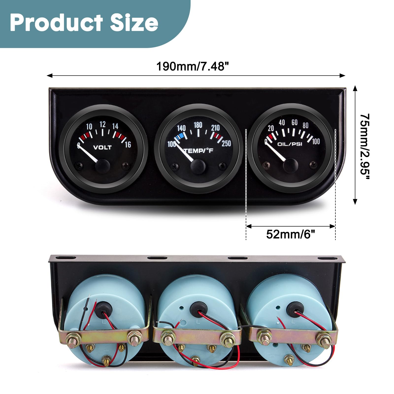 BREADEEP 52mm 3 in 1 Car Auto Gauge Kit (Volt Meter+Water Temp+Oil Pressure Meter) Stainless Steel Triple Auto Dashboard Gauge S