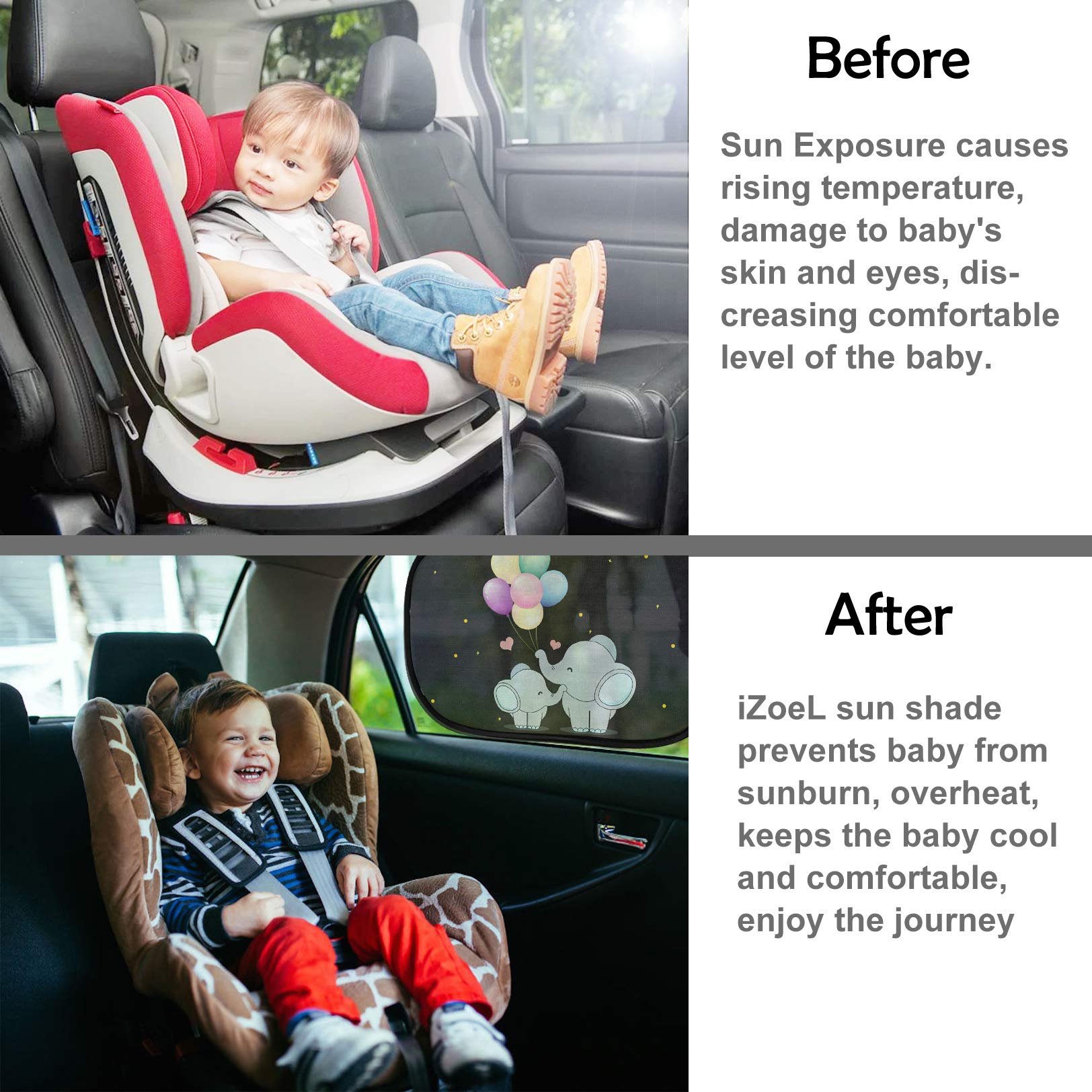 Izoel Car Sun Shade For Baby Kids 2 Pack Static Cling Side Window Car 110Gsm Rear Sunshades Universal With Storage Bag - Sun Glare And Uv Rays Protection For Your Child (Elephant)