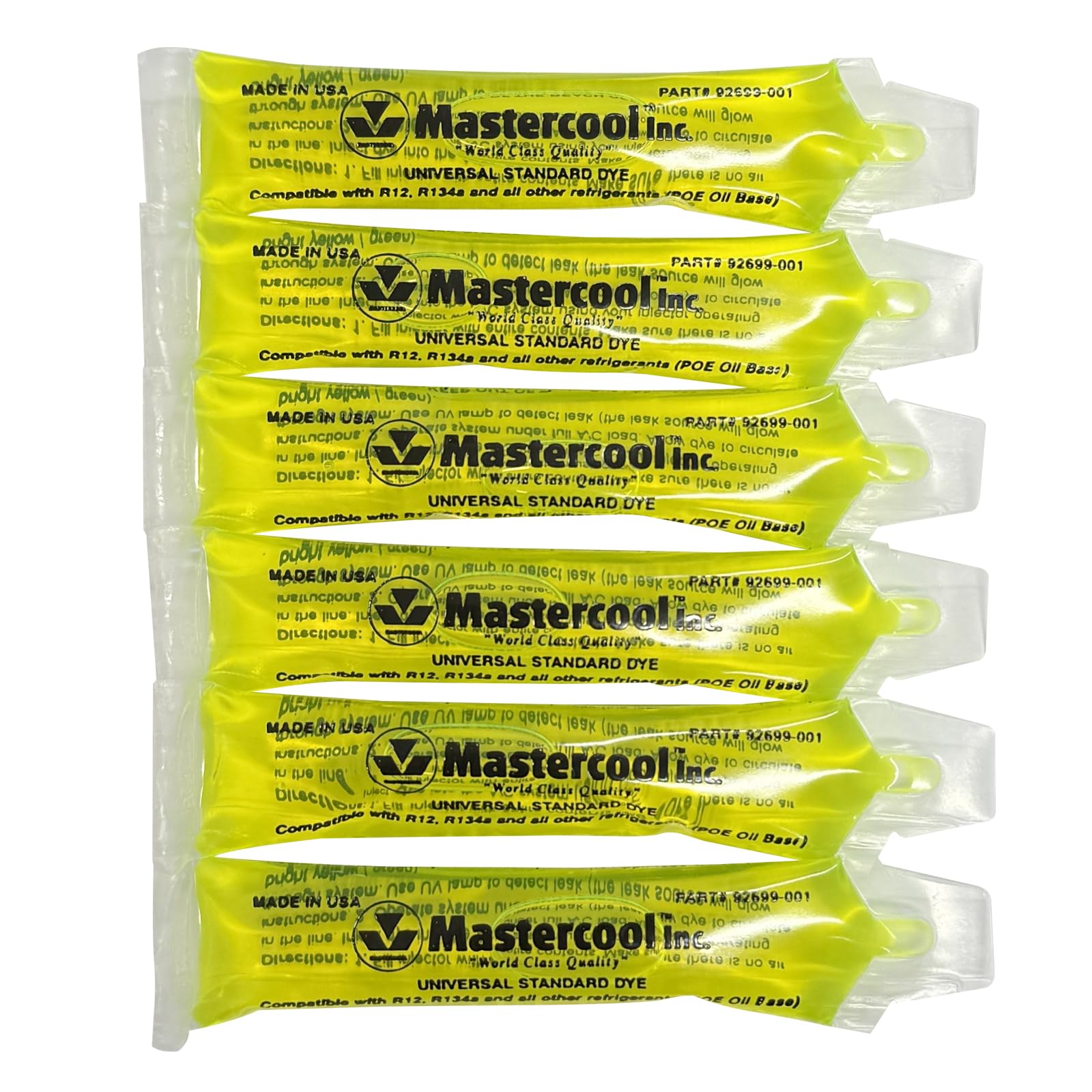 Mastercool 92699 Standard Universal UV Dye - Six   oz Packs - Compatible with R-1234yf, Hybrid, CO2 & Conventional Systems