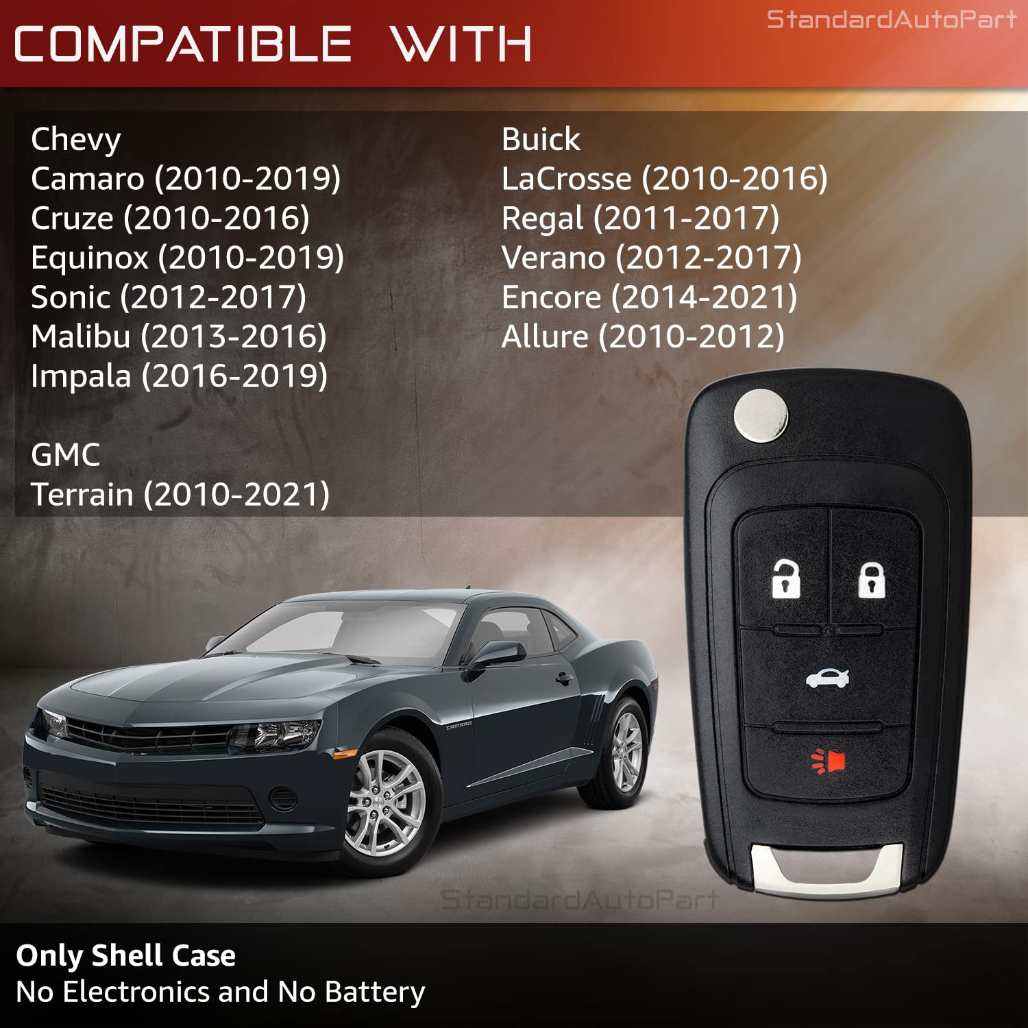 StandardAutoPart 4 Button Flip Key fob case Compatible with Chevy Cruze Equinox Sonic Malibu Impala Camaro Terrain Lacrosse Rega