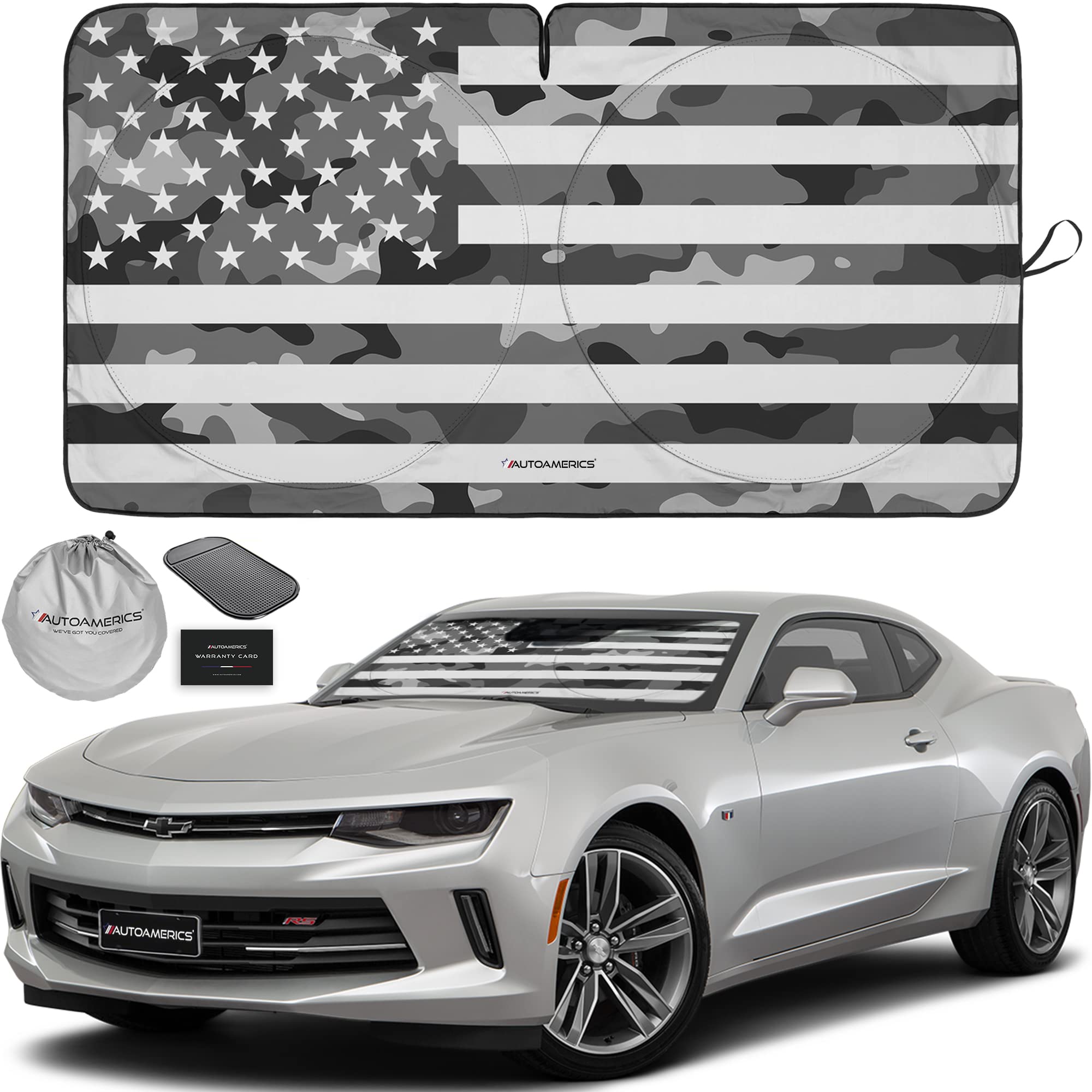 Autoamerics 1-Piece Windshield Sun Shade Gray Camo American Flag Usa Design - Foldable Car Front Window Sunshade For Most Sedans