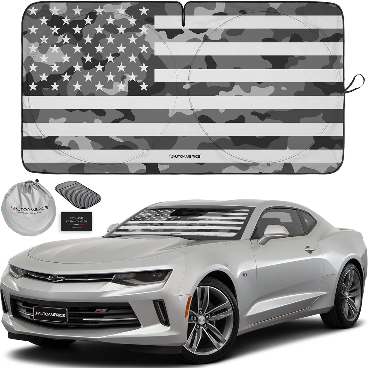 Autoamerics 1-Piece Windshield Sun Shade Gray Camo American Flag Usa Design - Foldable Car Front Window Sunshade For Most Sedans