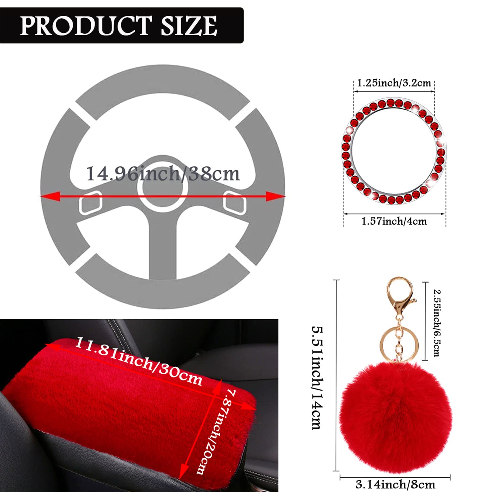Zynqacc 1 Set 8 Pieces Fluffy Steering Wheel Cover Set,Warm Soft Fuzzy Steering Wheel Covers For Women/Girls,Universal 15 Inches Girls Car Accessories (Red)