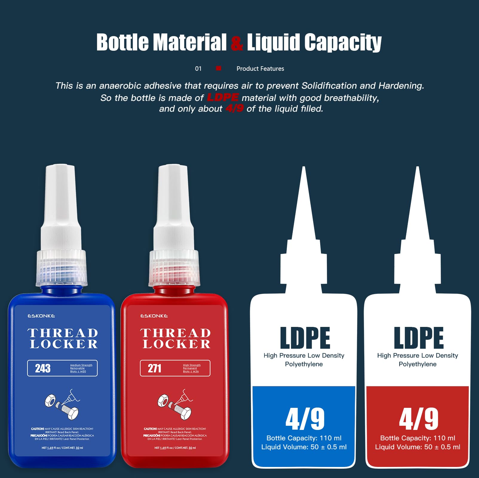 2 Pack Thread Locker - Blue 243 (Medium) & Red 271 (High) - Metal Screw Locking Sealant For Bolts/Nuts/Fasteners - Prevents Loos