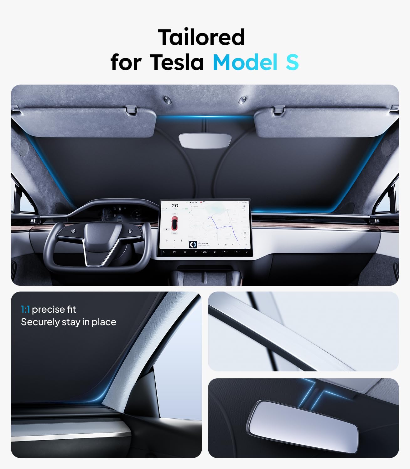 2025 Upgraded Accessories Tesla Model S Windshield Sunshade [Ice Shield Tech Fabric, 100% Sun Blockage], Foldable Heat Insulatio