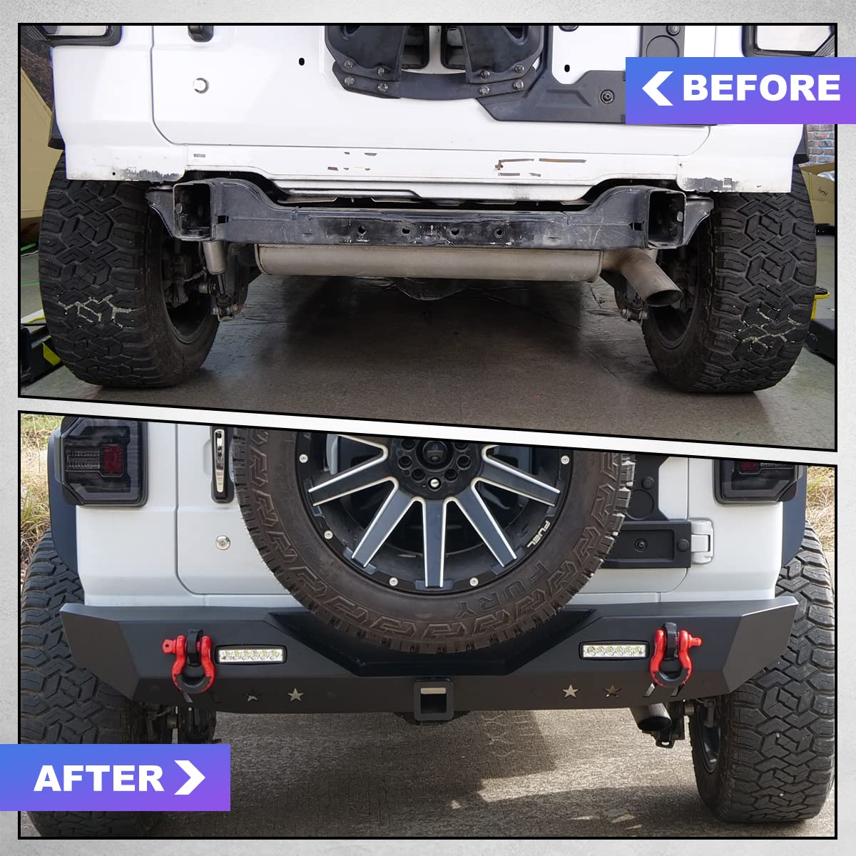 Wolfstorm Rear Bumper Compatible With 2018 2019 2020 2021 2022 2023 Jeep Wrangler Jl 2-Doors & 4-Doors, Full Width Jl Rear Bumper W/ 2 Led Lights, 2 D-Ring Shackles, Tow Hook & 2'' Hitch Receiver