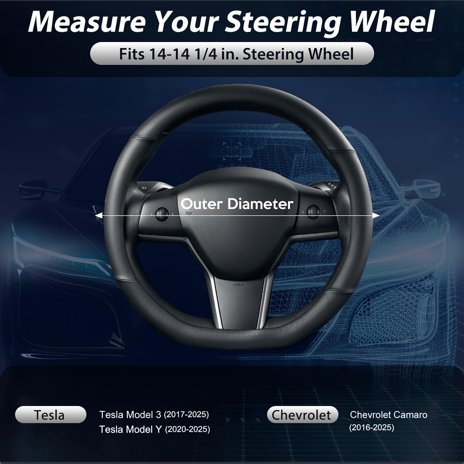 Seg Direct Flat Bottom Steering Wheel Cover, D Shaped Car Wheel Cover 14-14 1/4 In. (35.5-36 Cm), For Tesla Model 3 / Y, For Camaro, Black Microfiber Leather