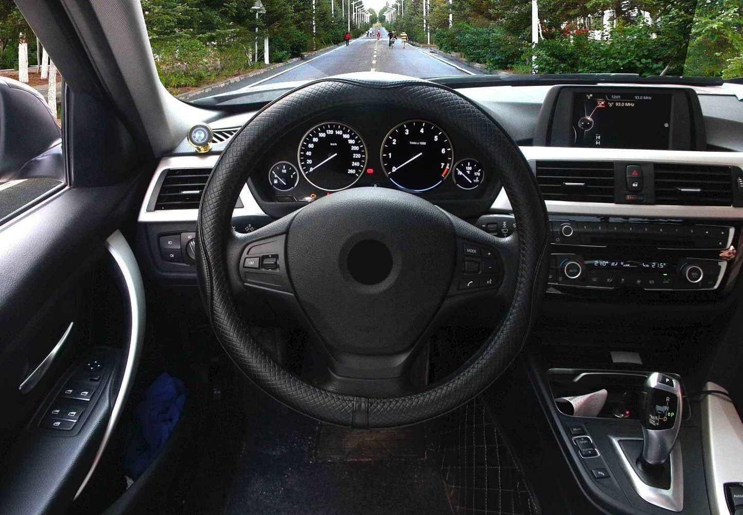 Valleycomfy Steering Wheel Covers Universal 15 Inch - Genuine Leather, Breathable, Anti Slip & Odor Free (Black With Black Lines