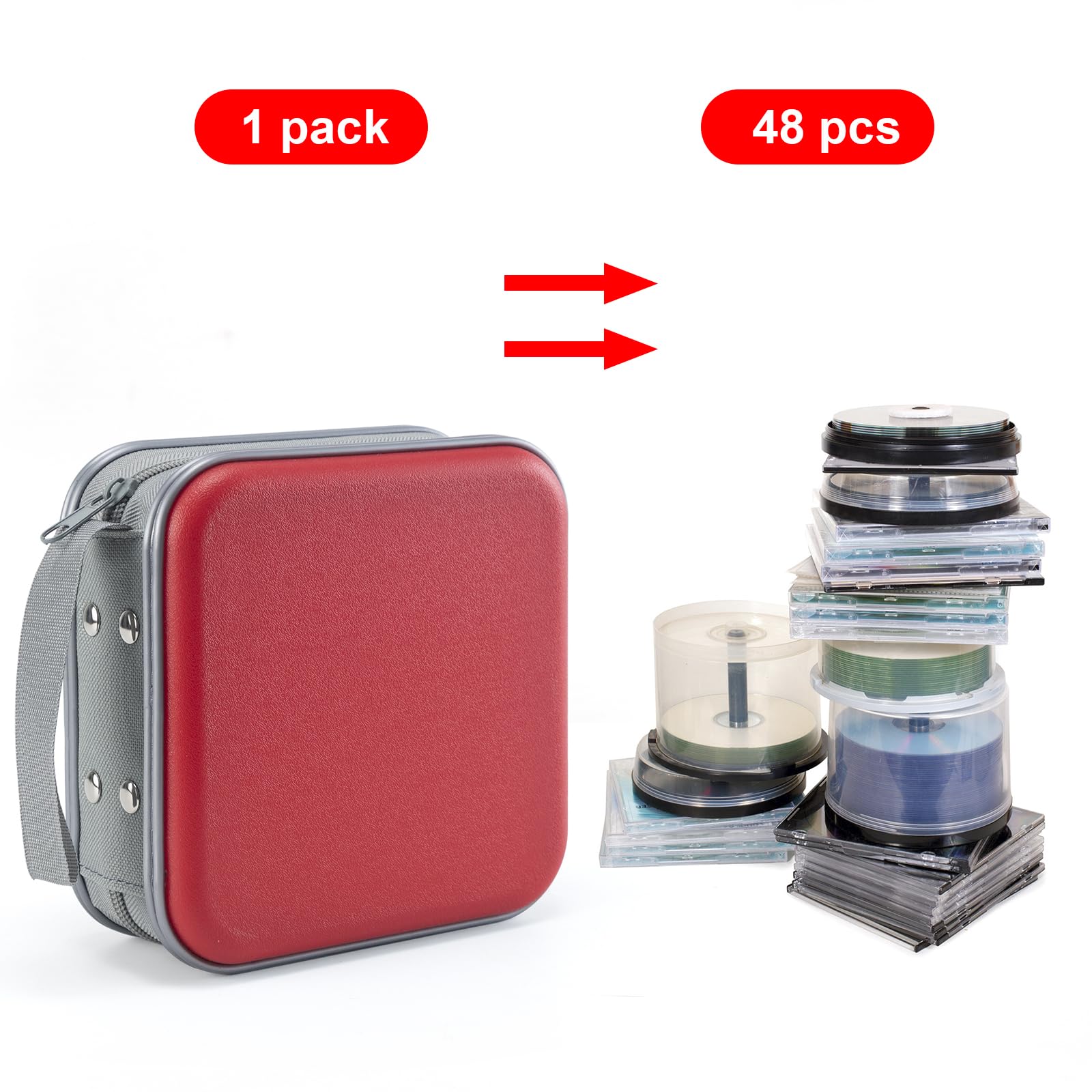 Uentip Cd Case For Car,48 Capacity Dvd Case Portable Zipper Cd Case Holder Large Storage Cd Wallet Cd Organizer Home Travel (Red