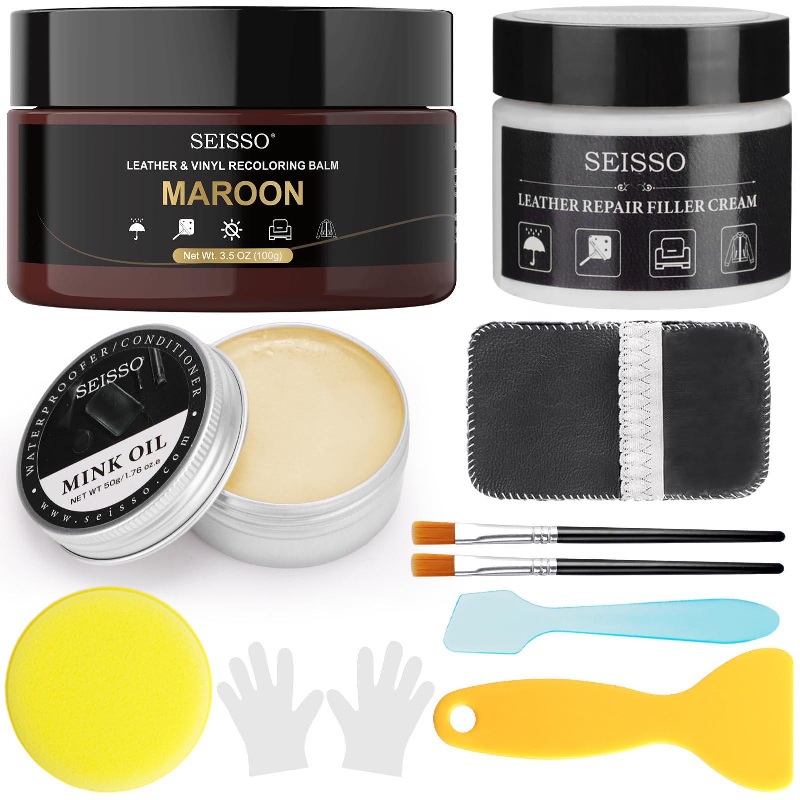 Maroon Leather Recoloring Balm, Leather Repair Kit with Mink Oil Conditioner, Color Restorer, Dye for Scratches, Holes, Faded fo