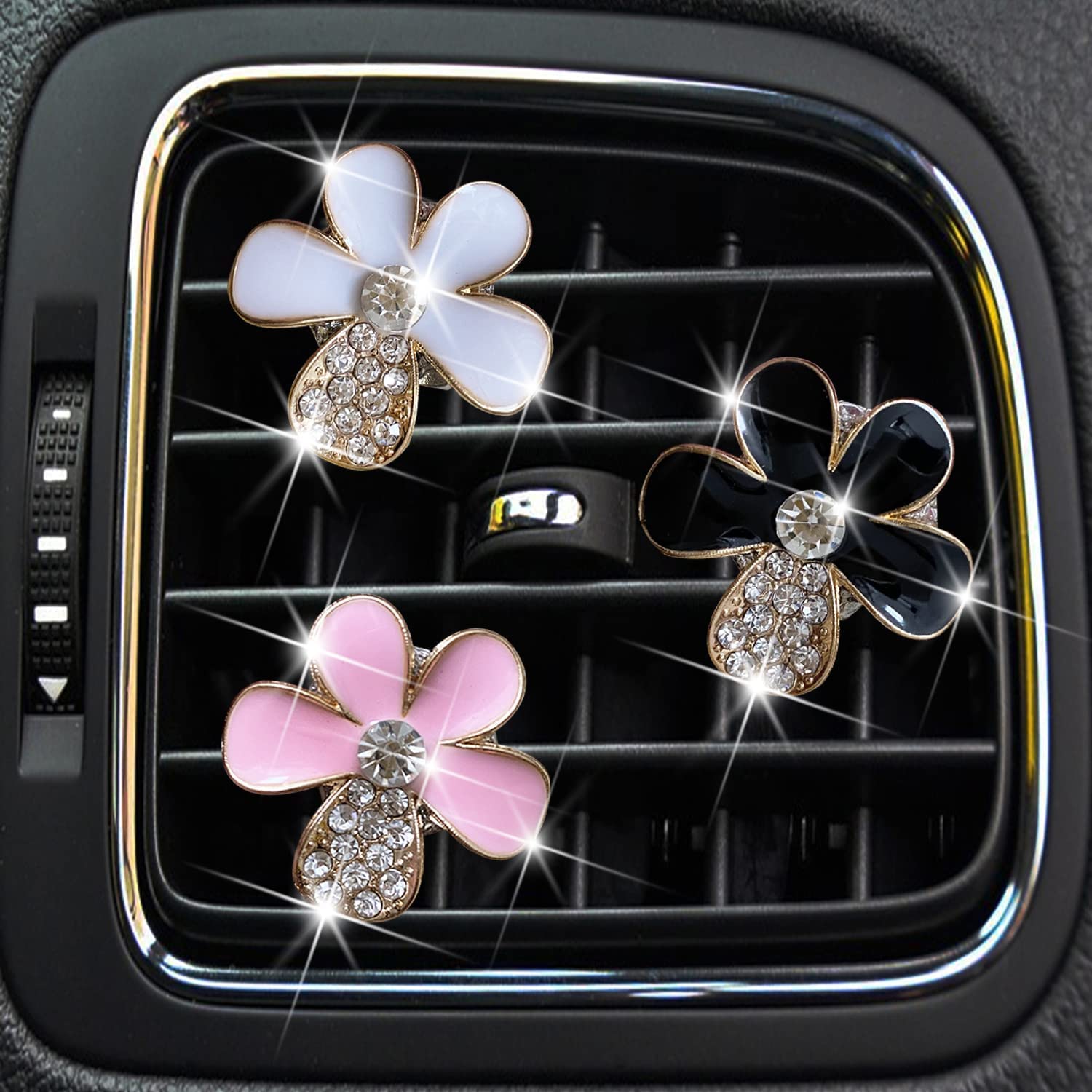 Bling Daisy Air Vent Clips, 3 Pcs Crystal Flower Car Air Fresheners Vents Clips Car Air Conditioning Outlet Clip Rhinestone Cute Car Interior Decoration Car Decor Charm Bling Car Accessories For Women (3 Pcs Bling Daisy)