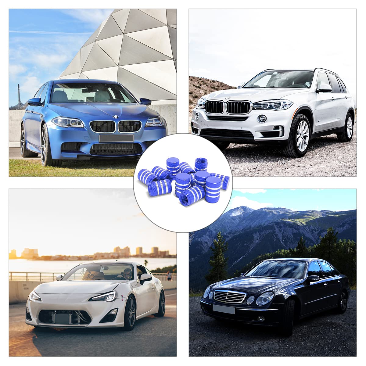 Tire Valve Stem Caps, 12 Pcs Dustproof Corrosion-Proof Premium Metal Rubber Seal Tire Valve Caps, Universal Fit For Cars, Suvs, Bike And Bicycle, Trucks, Motorcycles (Blue/Silver)